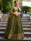 Great Olive Green Border Work Chanderi Mehendi Wear Lehenga Choli - Zeel Clothing