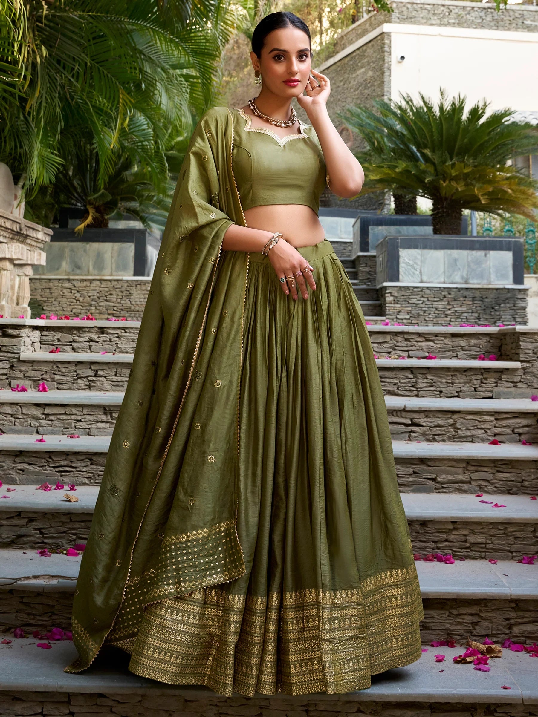 Great Olive Green Border Work Chanderi Mehendi Wear Lehenga Choli - Zeel Clothing
