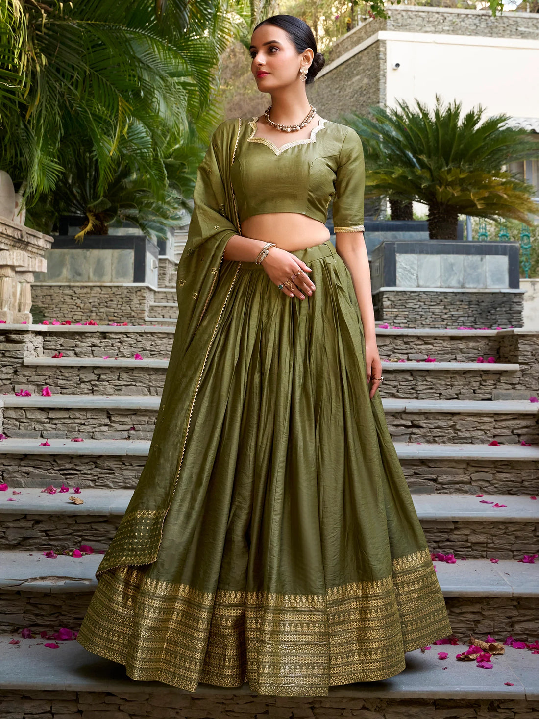 Great Olive Green Border Work Chanderi Mehendi Wear Lehenga Choli - Zeel Clothing