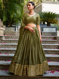 Great Olive Green Border Work Chanderi Mehendi Wear Lehenga Choli - Zeel Clothing