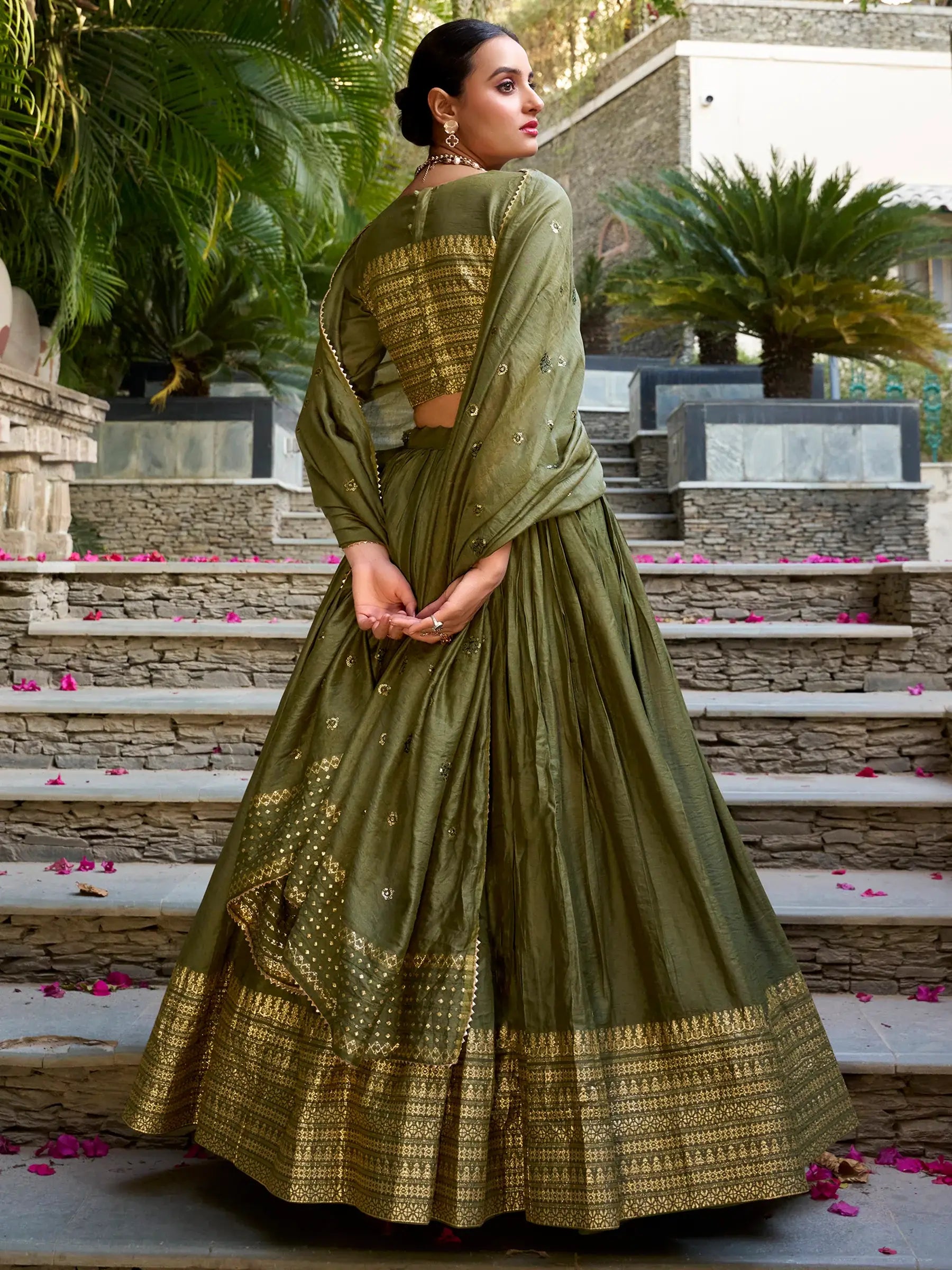 Great Olive Green Border Work Chanderi Mehendi Wear Lehenga Choli - Zeel Clothing