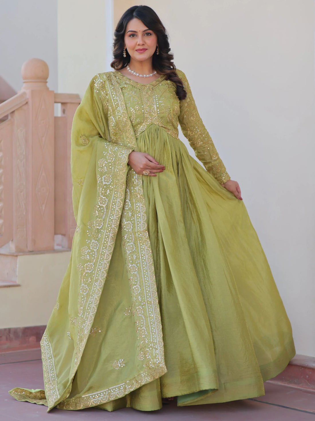 Great Olive Green Thread Work Organza Mehendi Wear Gown With Dupatta - Zeel Clothing