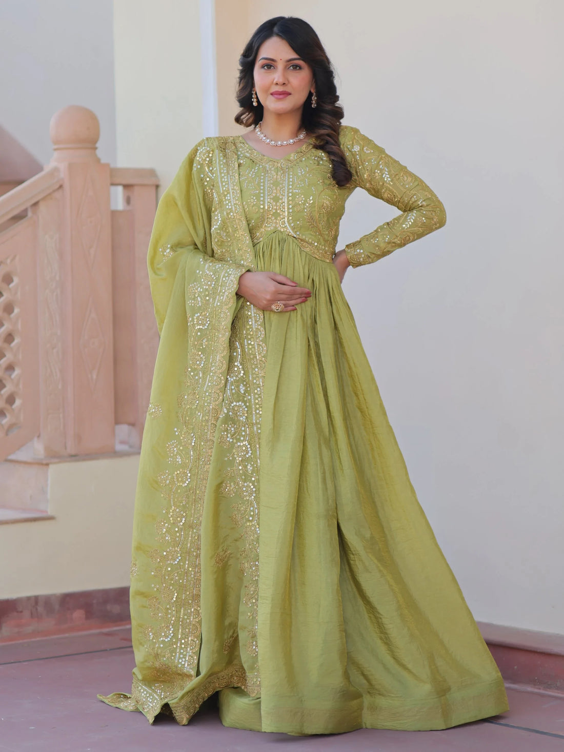 Great Olive Green Thread Work Organza Mehendi Wear Gown With Dupatta - Zeel Clothing