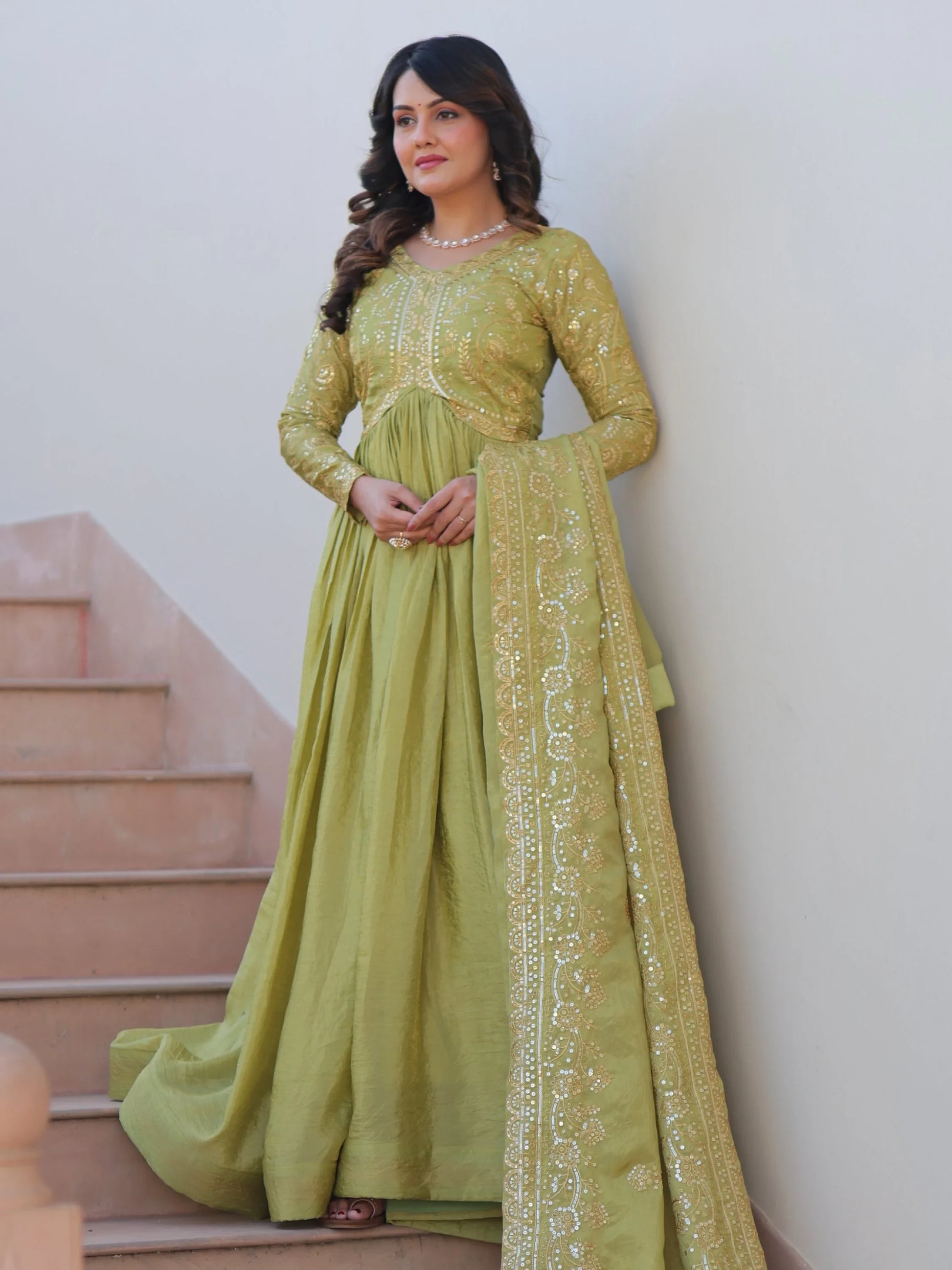 Great Olive Green Thread Work Organza Mehendi Wear Gown With Dupatta - Zeel Clothing