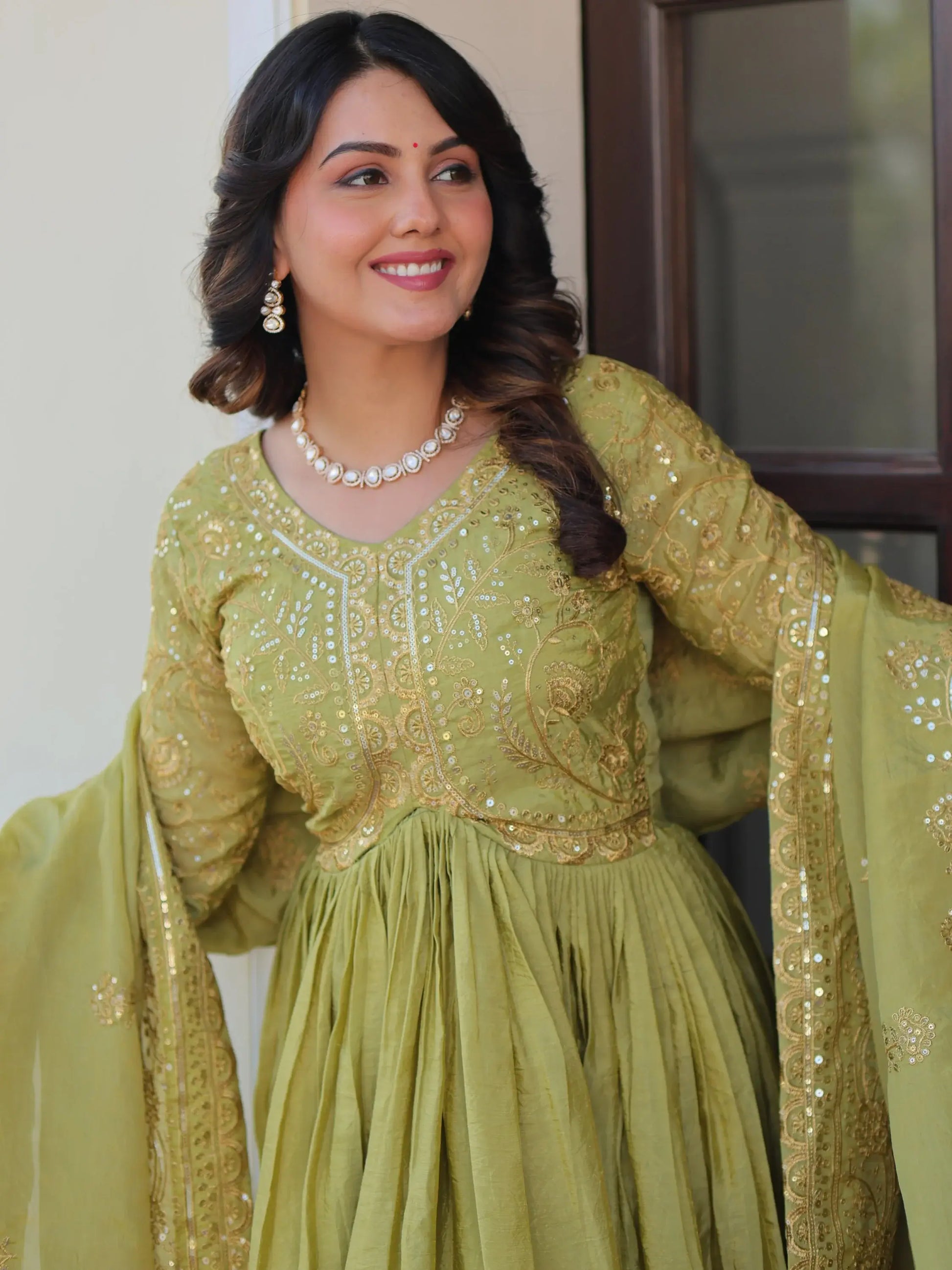 Great Olive Green Thread Work Organza Mehendi Wear Gown With Dupatta - Zeel Clothing