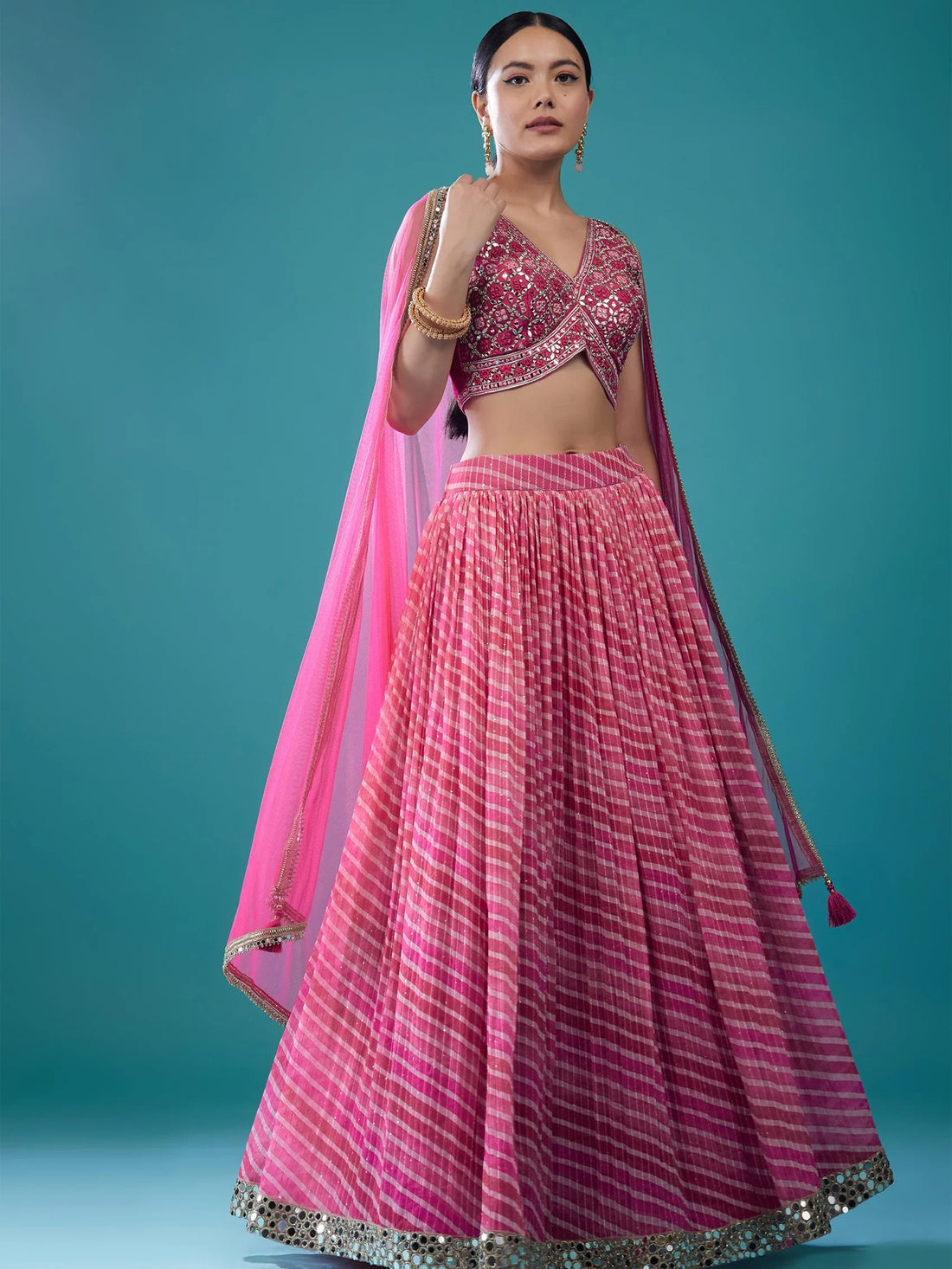Great Pink Organza Reception Wear Lehenga With Mirror Work Choli