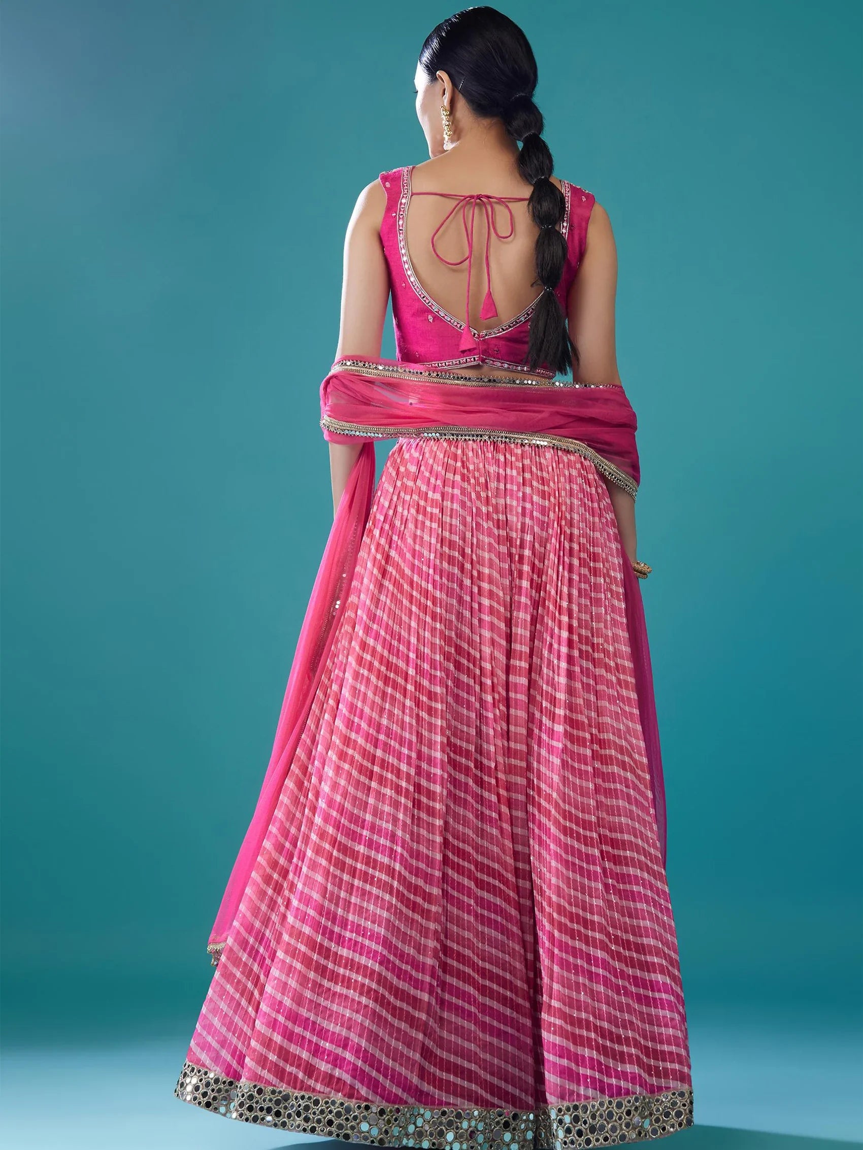 Great Pink Organza Reception Wear Lehenga With Mirror Work Choli