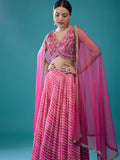 Great Pink Organza Reception Wear Lehenga With Mirror Work Choli
