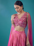 Great Pink Organza Reception Wear Lehenga With Mirror Work Choli