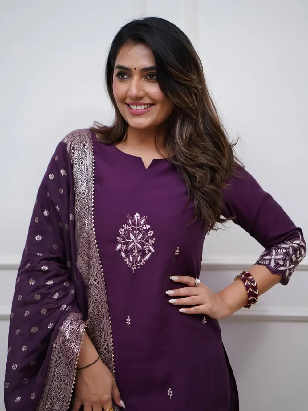 Great Purple Embroidered Chanderi Silk Function Wear Pant Suit With Dupatta - Zeel Clothing