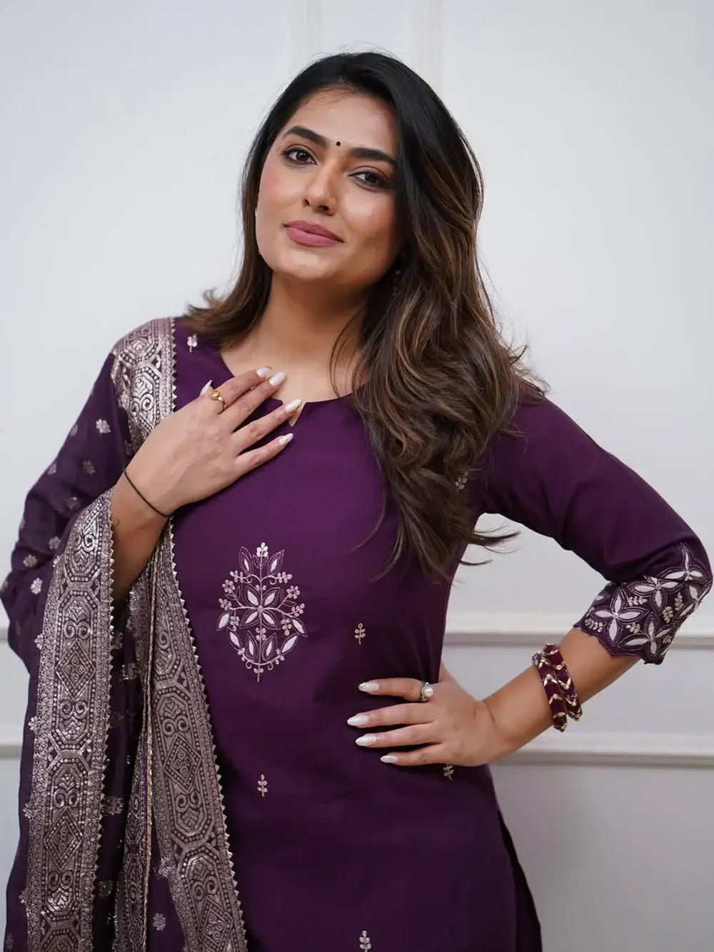 Great Purple Embroidered Chanderi Silk Function Wear Pant Suit With Dupatta - Zeel Clothing