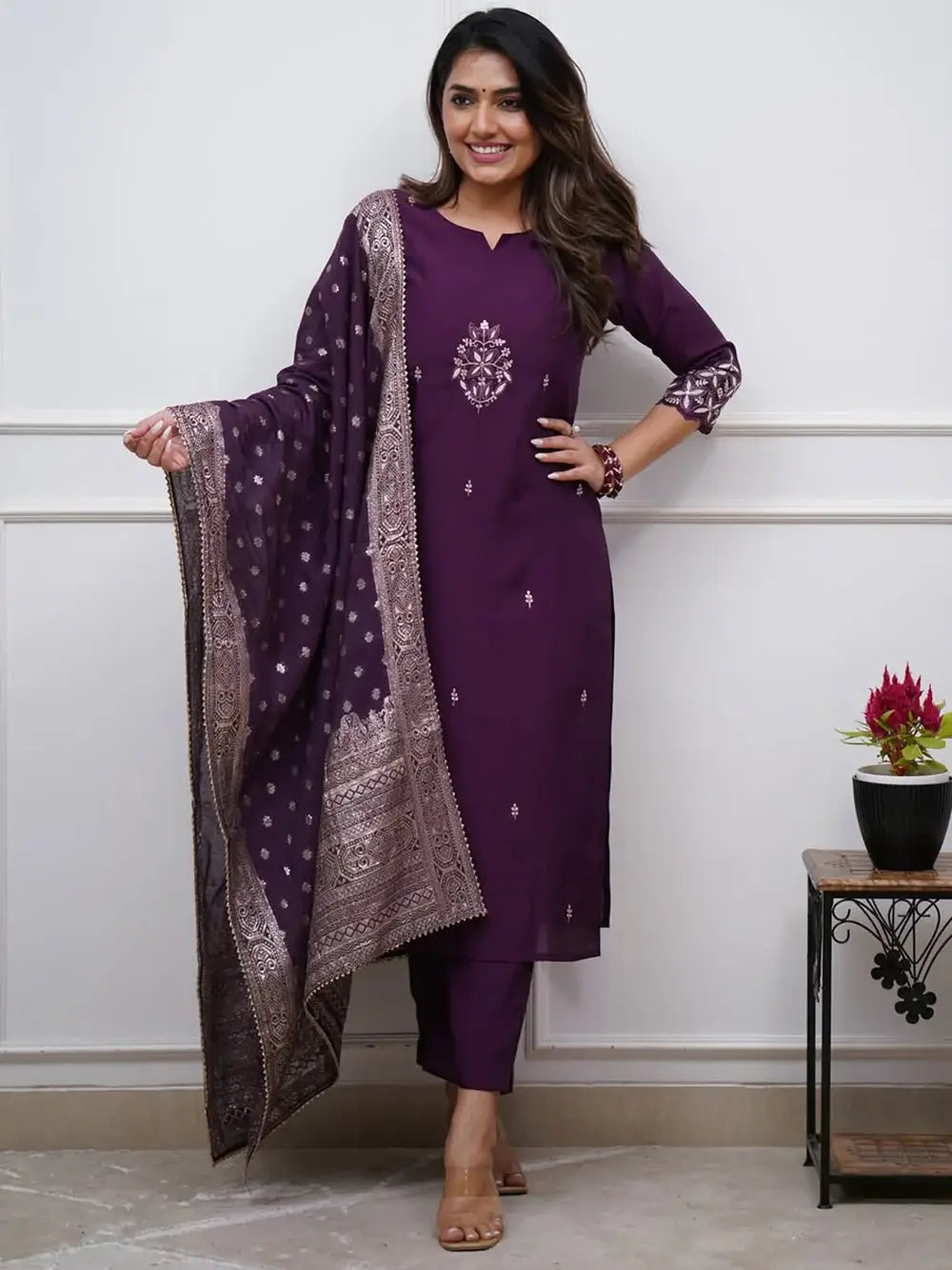 Great Purple Embroidered Chanderi Silk Function Wear Pant Suit With Dupatta - Zeel Clothing