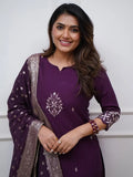 Great Purple Embroidered Chanderi Silk Function Wear Pant Suit With Dupatta - Zeel Clothing