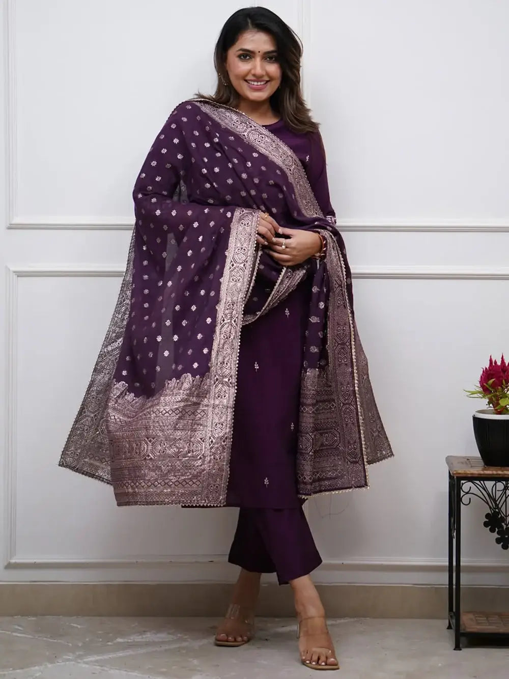 Great Purple Embroidered Chanderi Silk Function Wear Pant Suit With Dupatta - Zeel Clothing