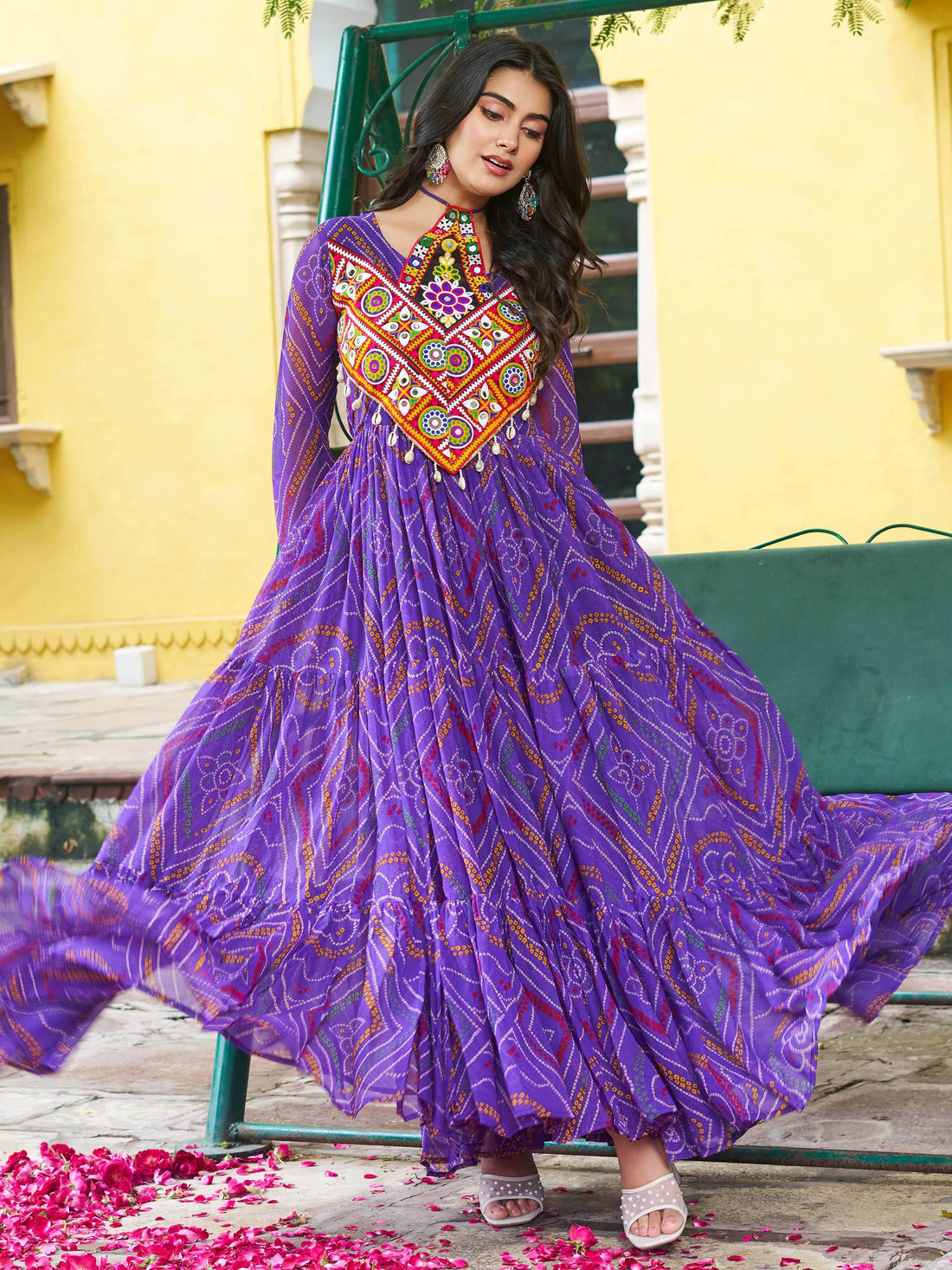 Great Purple Kutchi Patch Work Georgette Navratri Wear Gown - Zeel Clothing