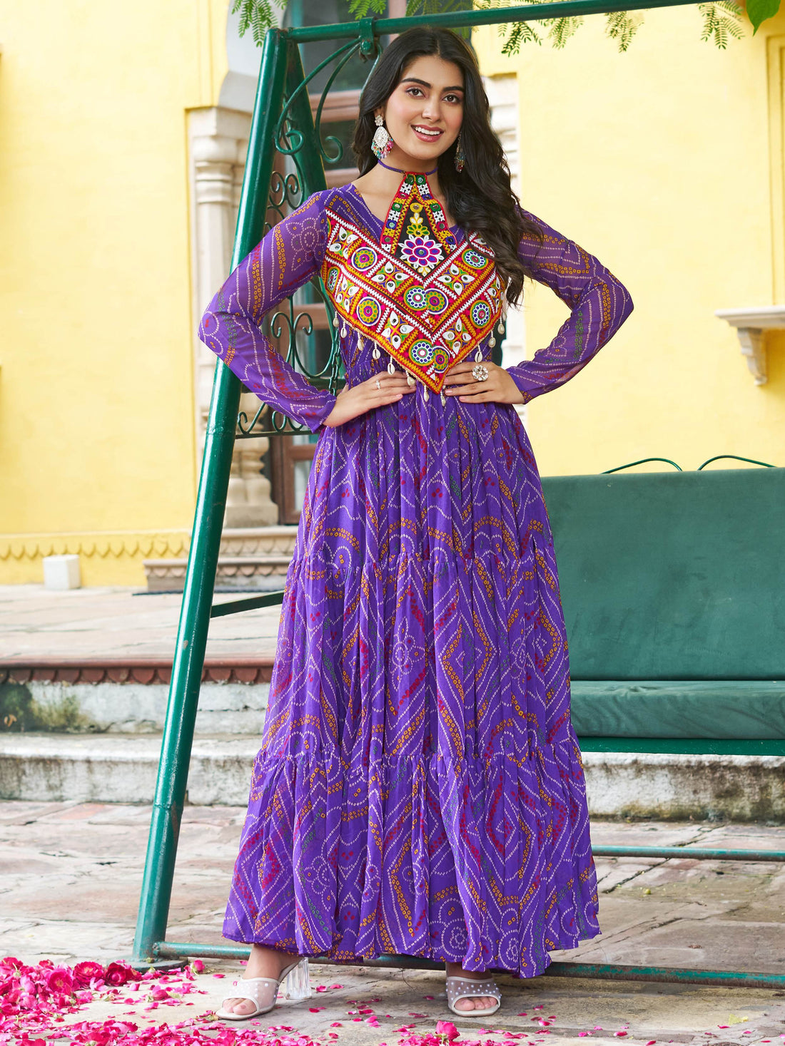 Great Purple Kutchi Patch Work Georgette Navratri Wear Gown - Zeel Clothing