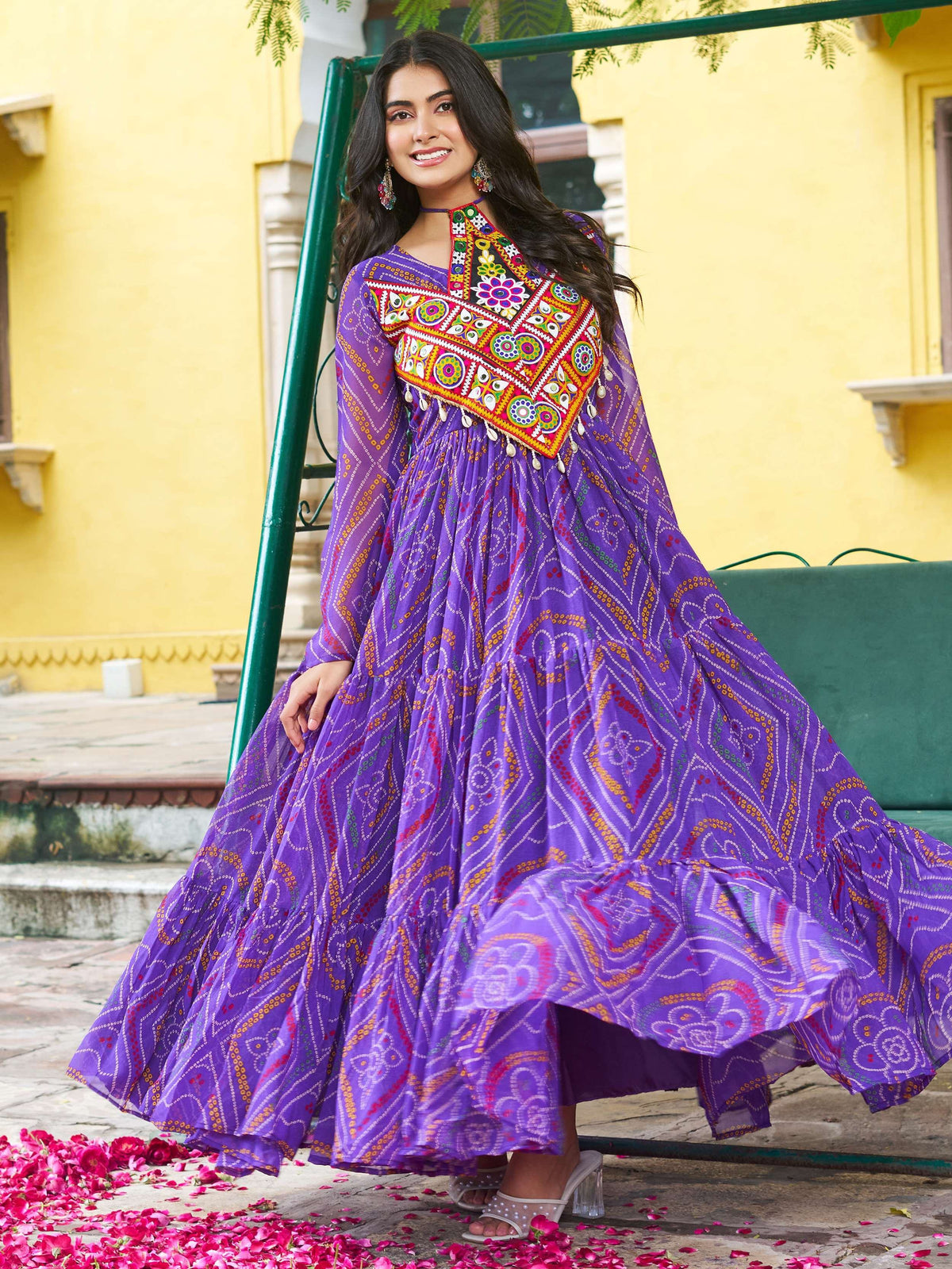 Great Purple Kutchi Patch Work Georgette Navratri Wear Gown - Zeel Clothing