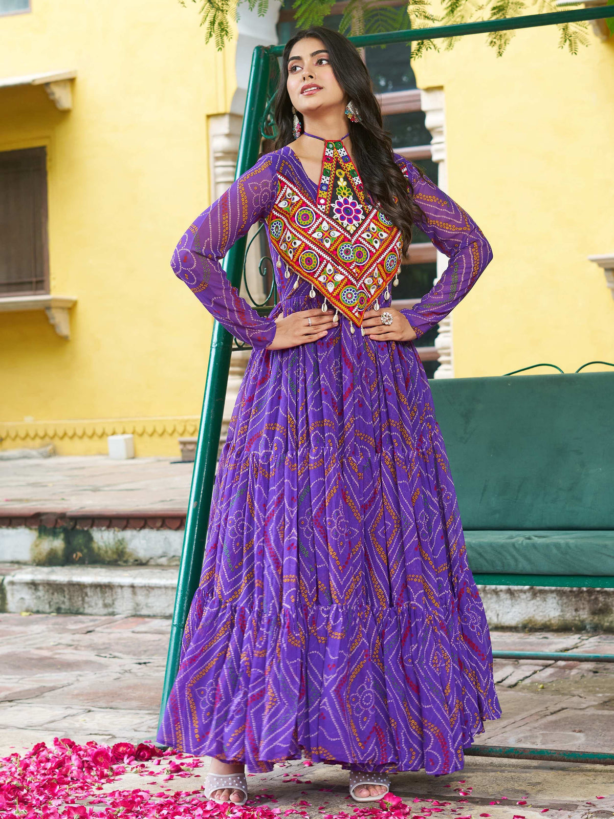 Great Purple Kutchi Patch Work Georgette Navratri Wear Gown - Zeel Clothing