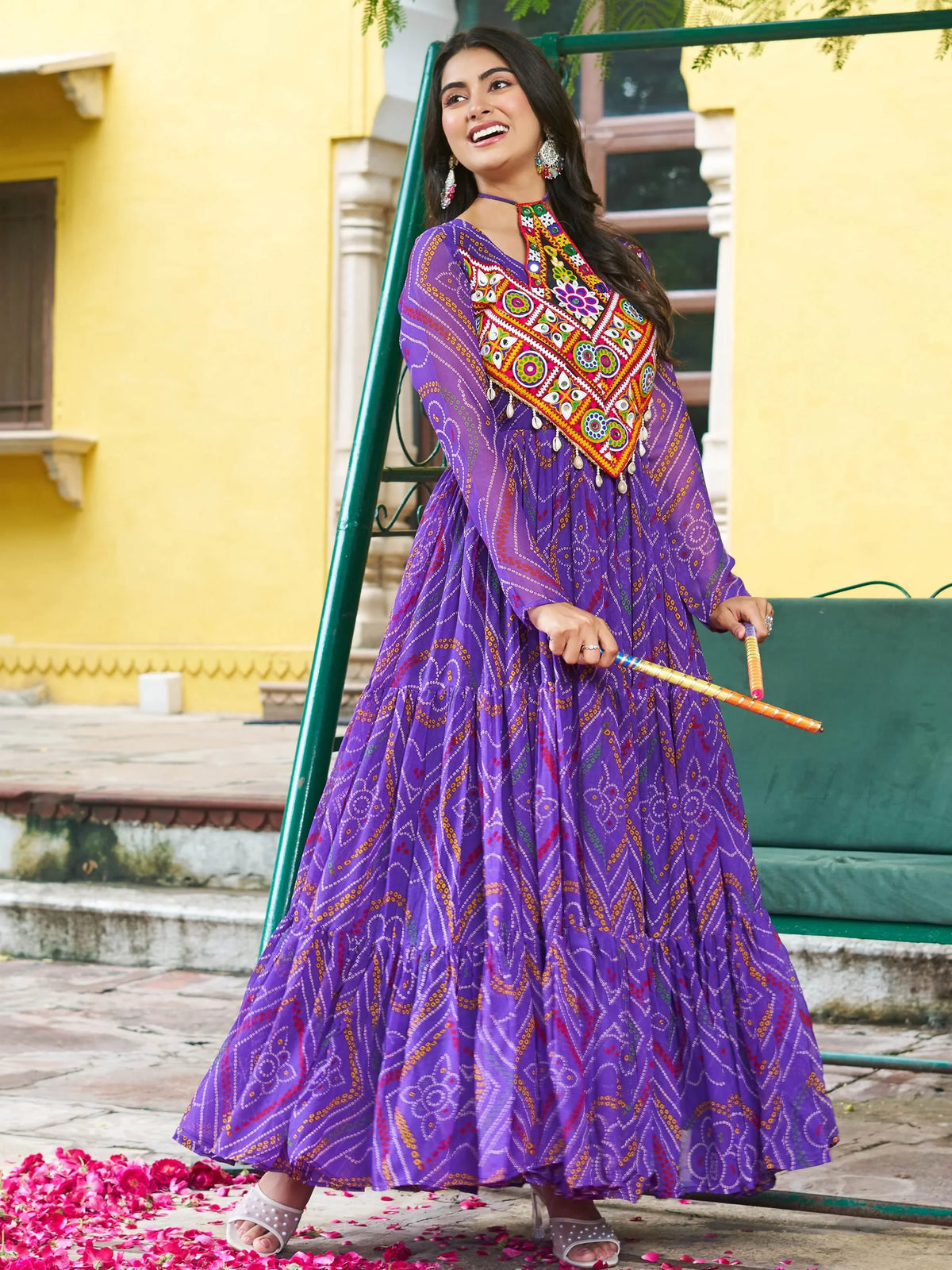 Great Purple Kutchi Patch Work Georgette Navratri Wear Gown - Zeel Clothing