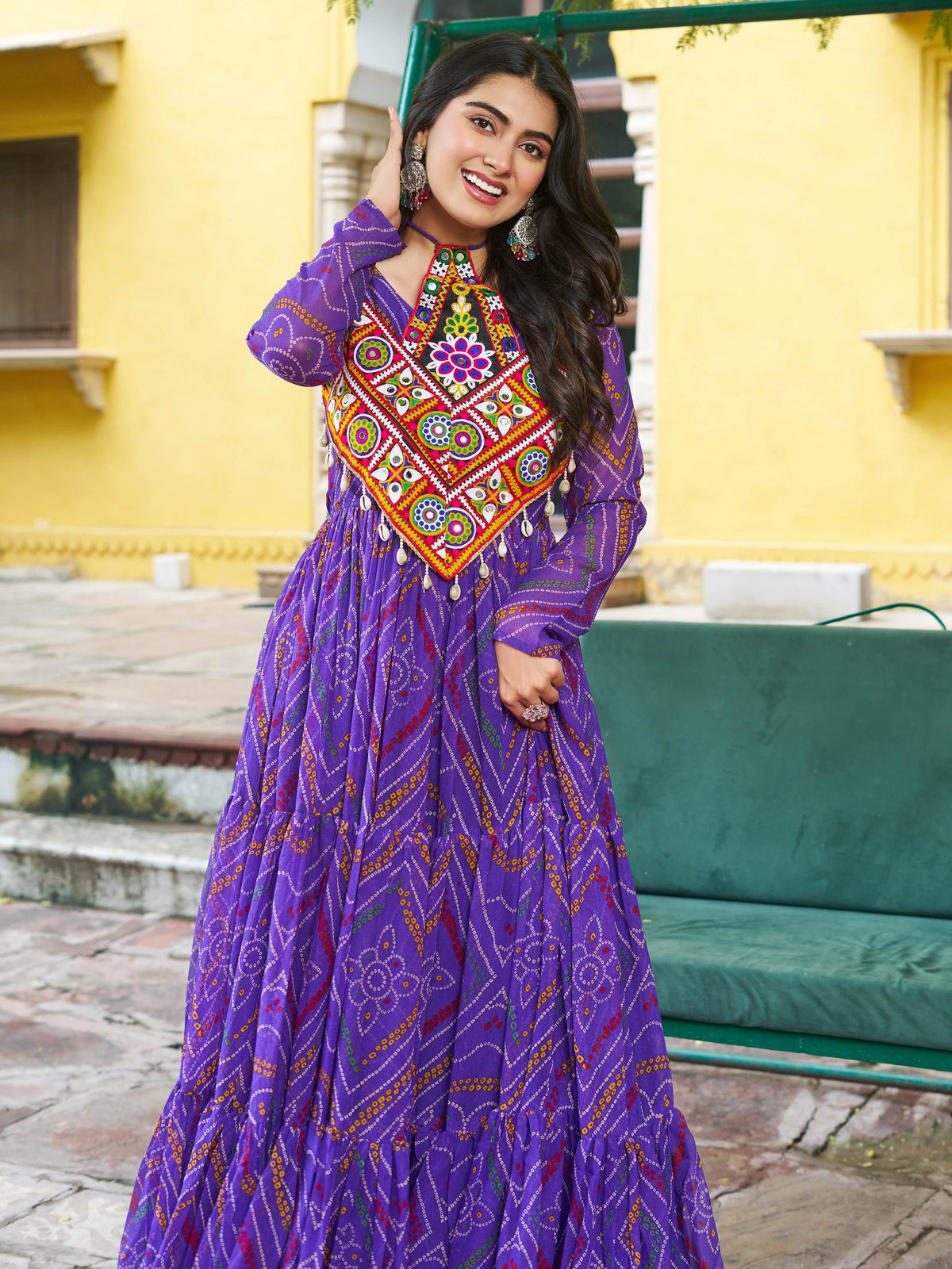 Great Purple Kutchi Patch Work Georgette Navratri Wear Gown - Zeel Clothing