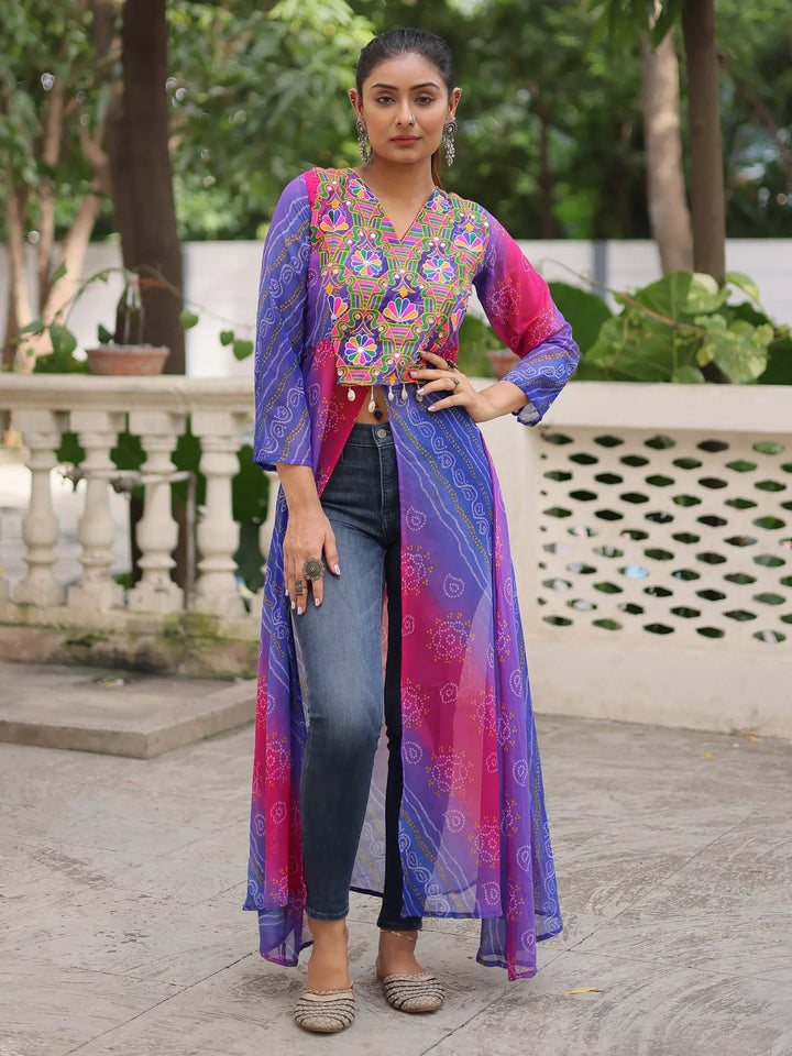 Great Purple Patch Work Georgette Festive Wear Front Slit Kurti - Zeel Clothing