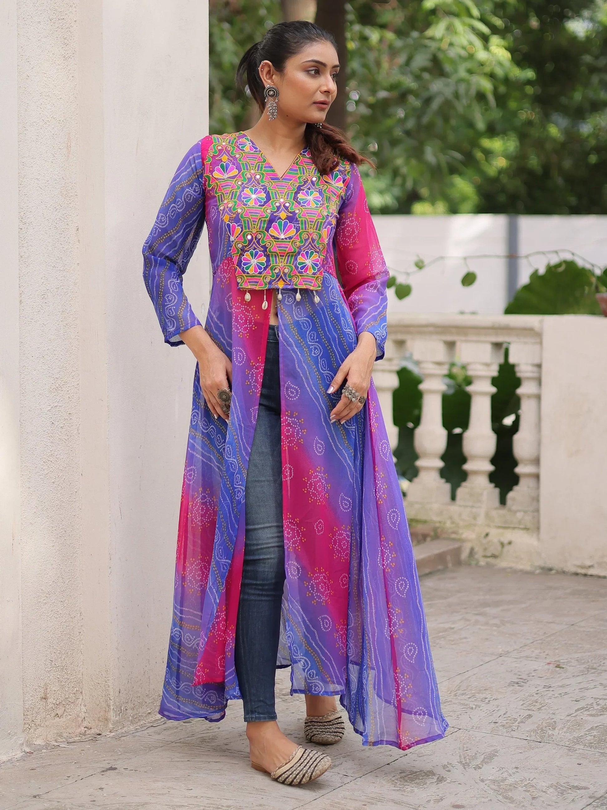 Great Purple Patch Work Georgette Festive Wear Front Slit Kurti - Zeel Clothing