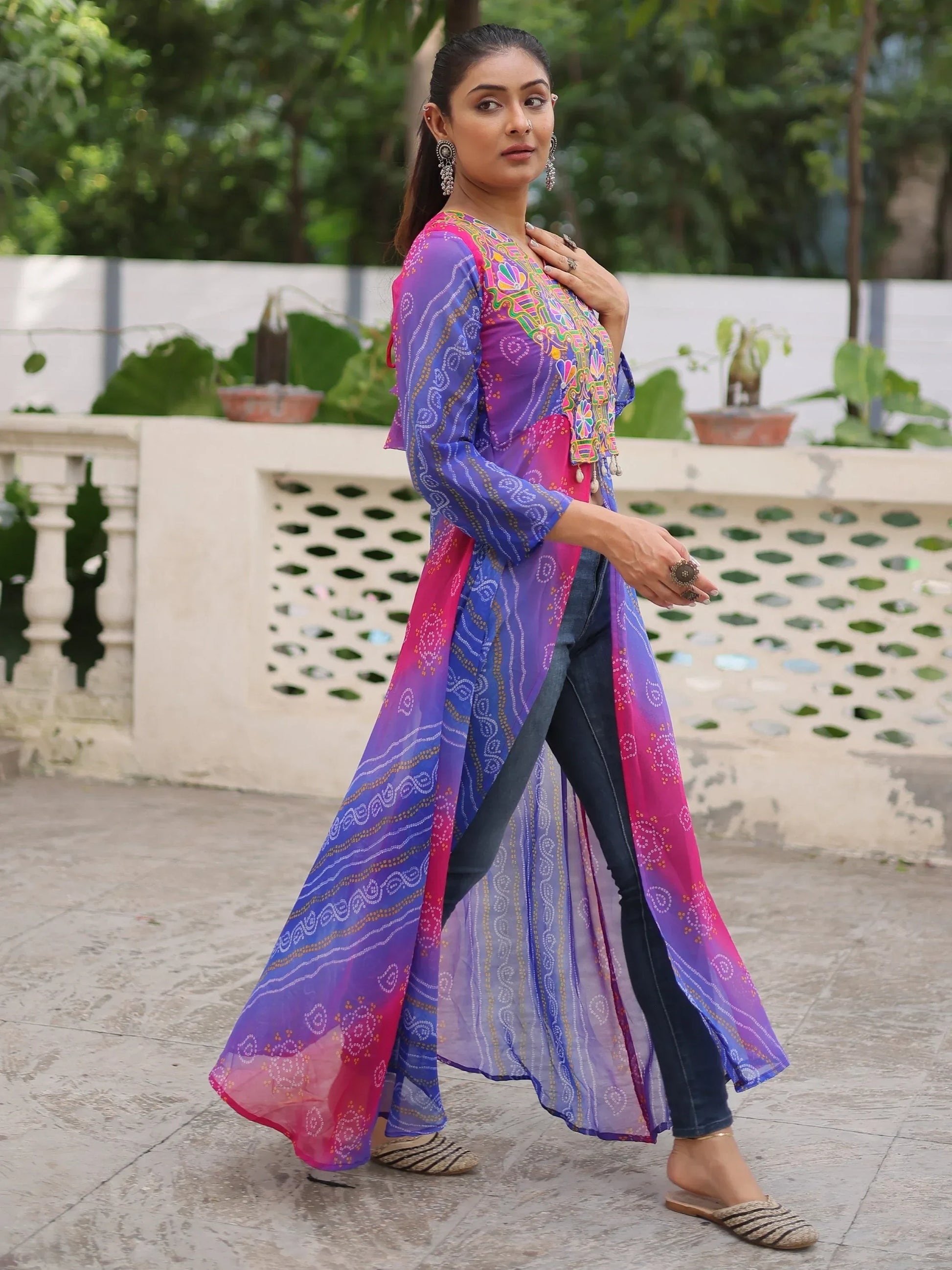 Great Purple Patch Work Georgette Festive Wear Front Slit Kurti - Zeel Clothing