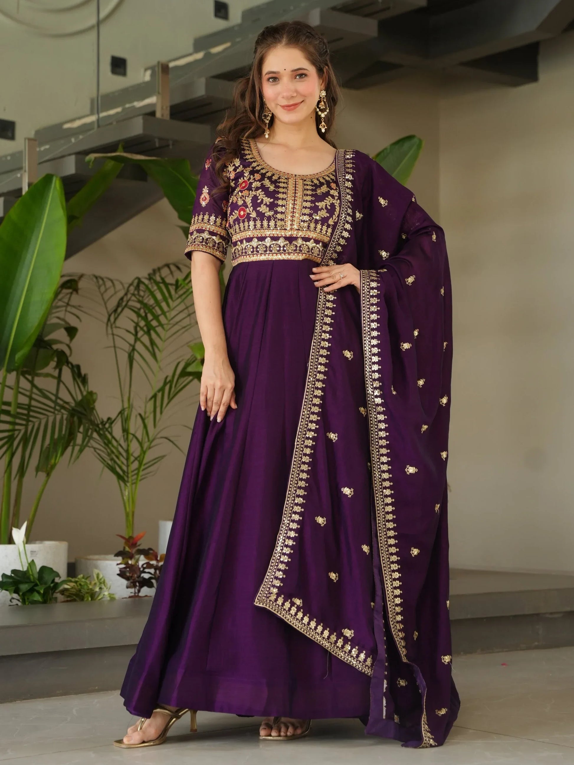 Great Purple Sequins Vichitra Silk Wedding Wear Gown With Dupatta - Zeel Clothing
