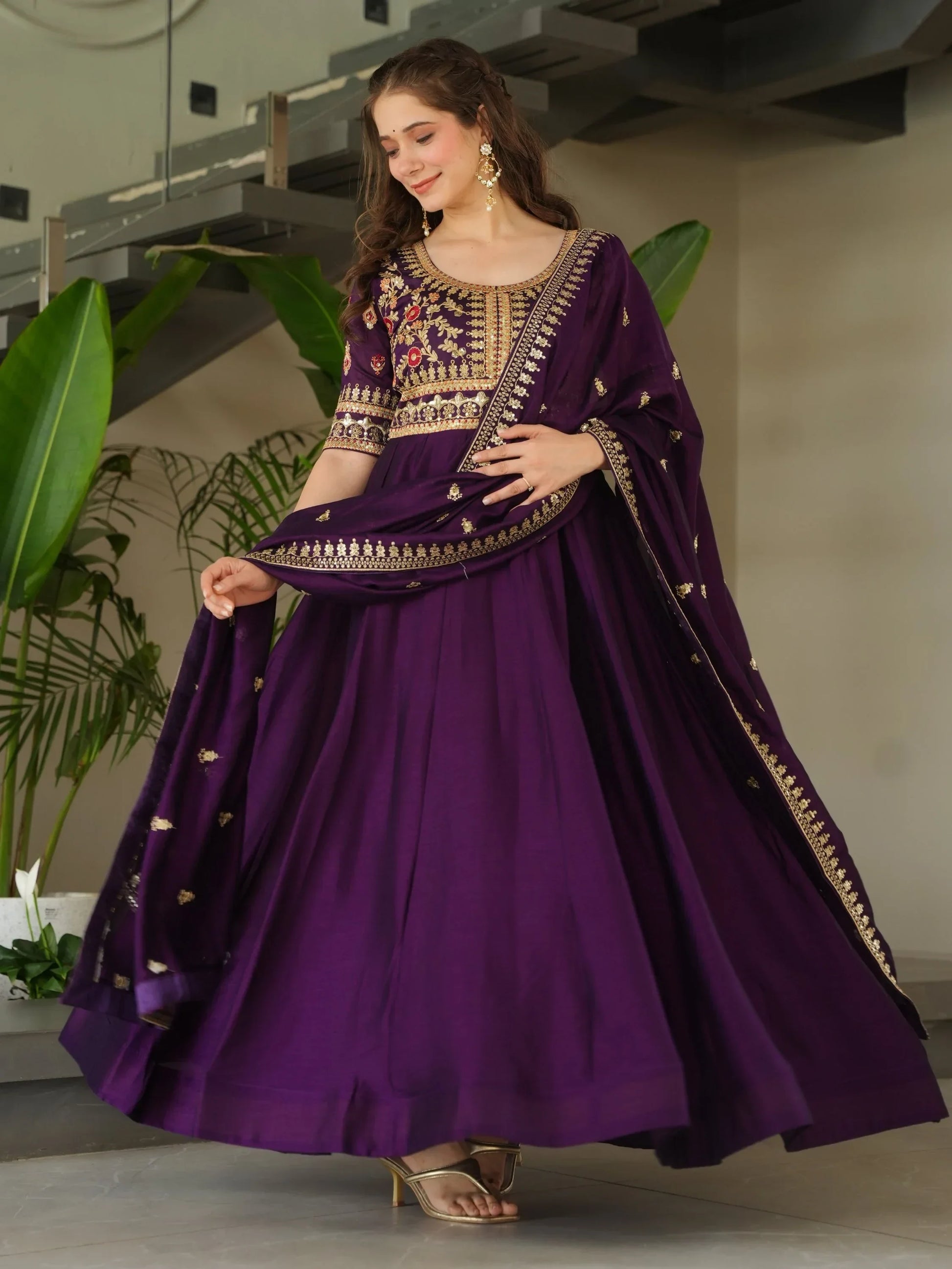 Great Purple Sequins Vichitra Silk Wedding Wear Gown With Dupatta - Zeel Clothing