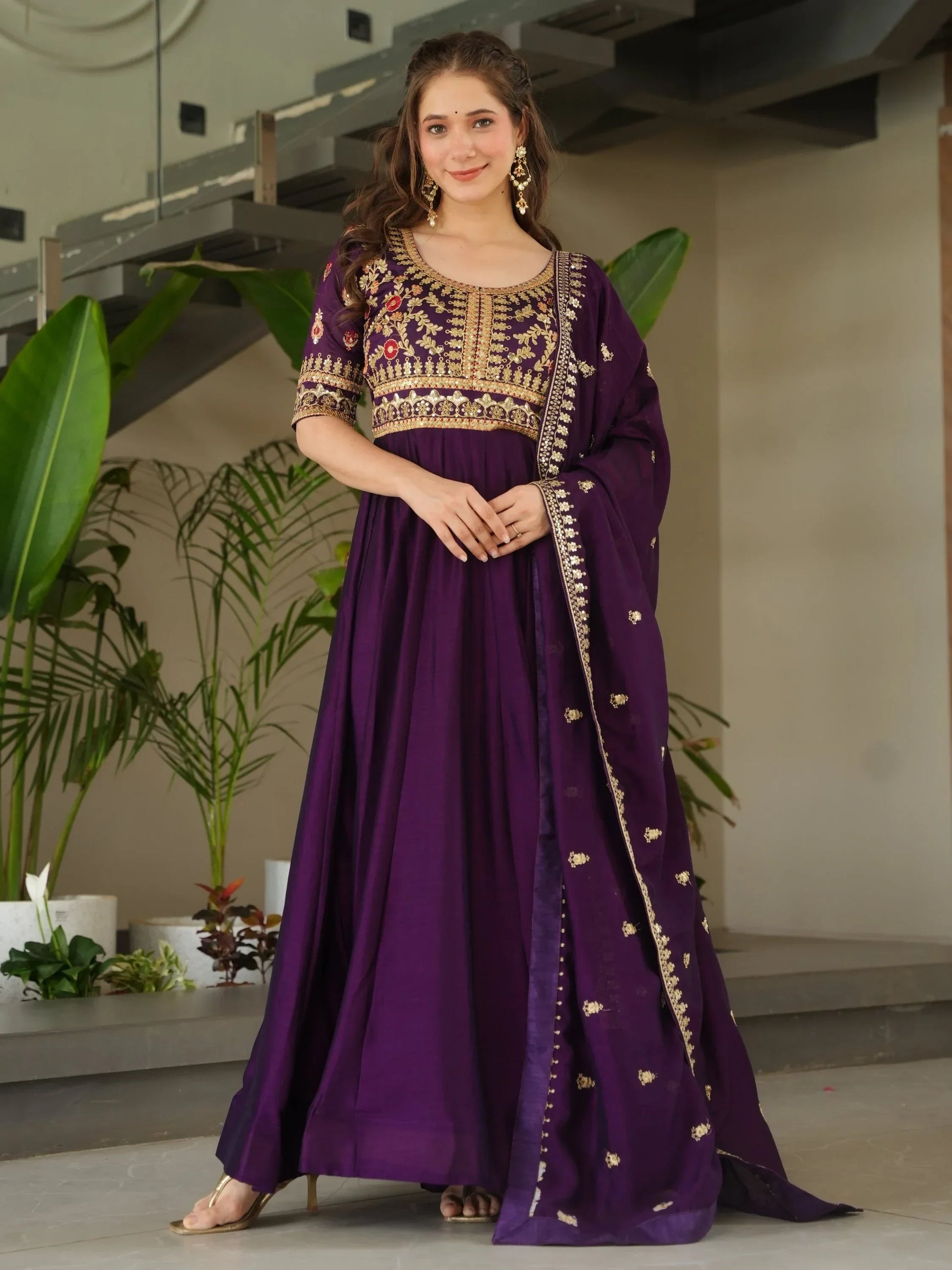 Great Purple Sequins Vichitra Silk Wedding Wear Gown With Dupatta - Zeel Clothing