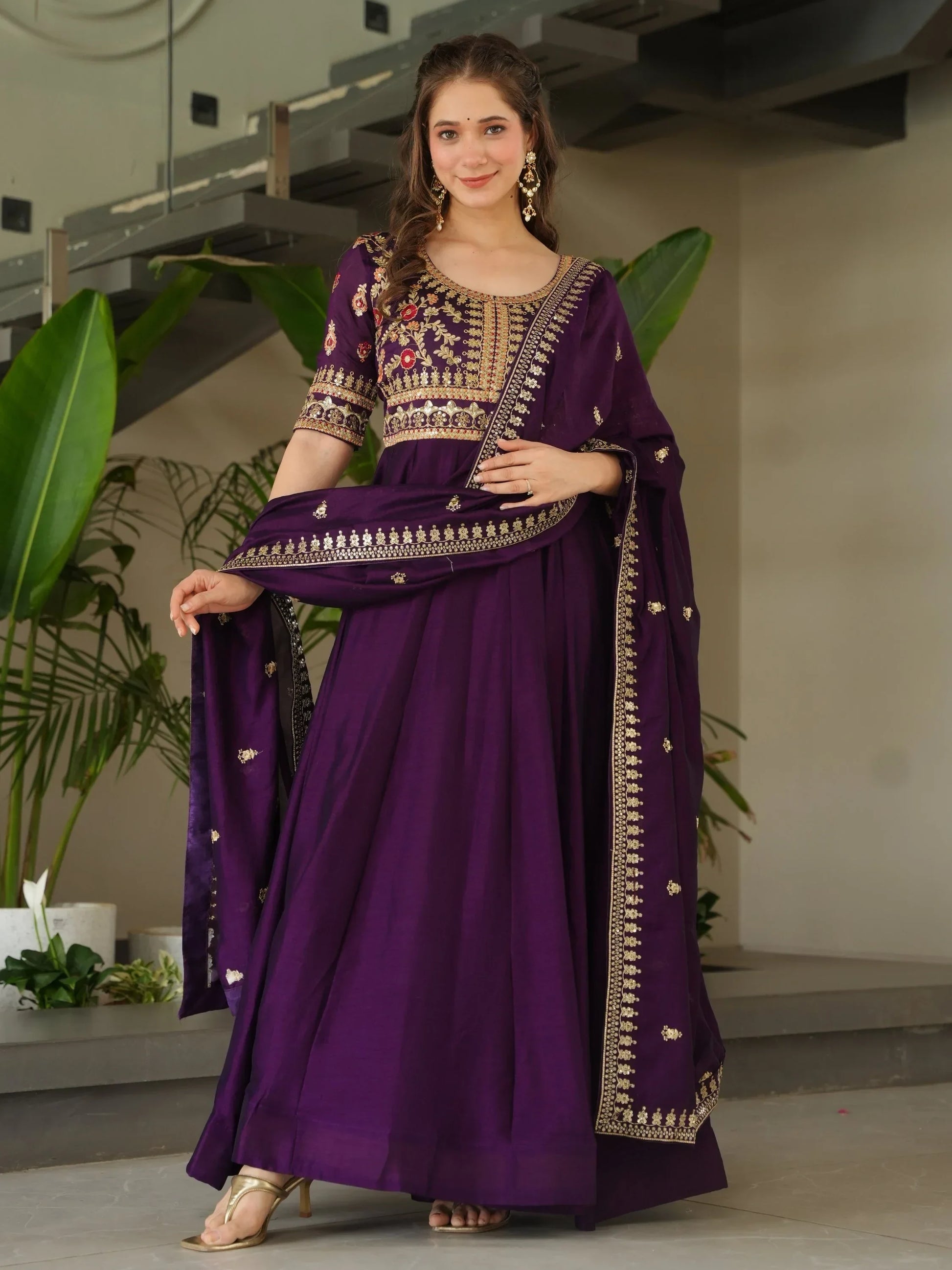Great Purple Sequins Vichitra Silk Wedding Wear Gown With Dupatta - Zeel Clothing
