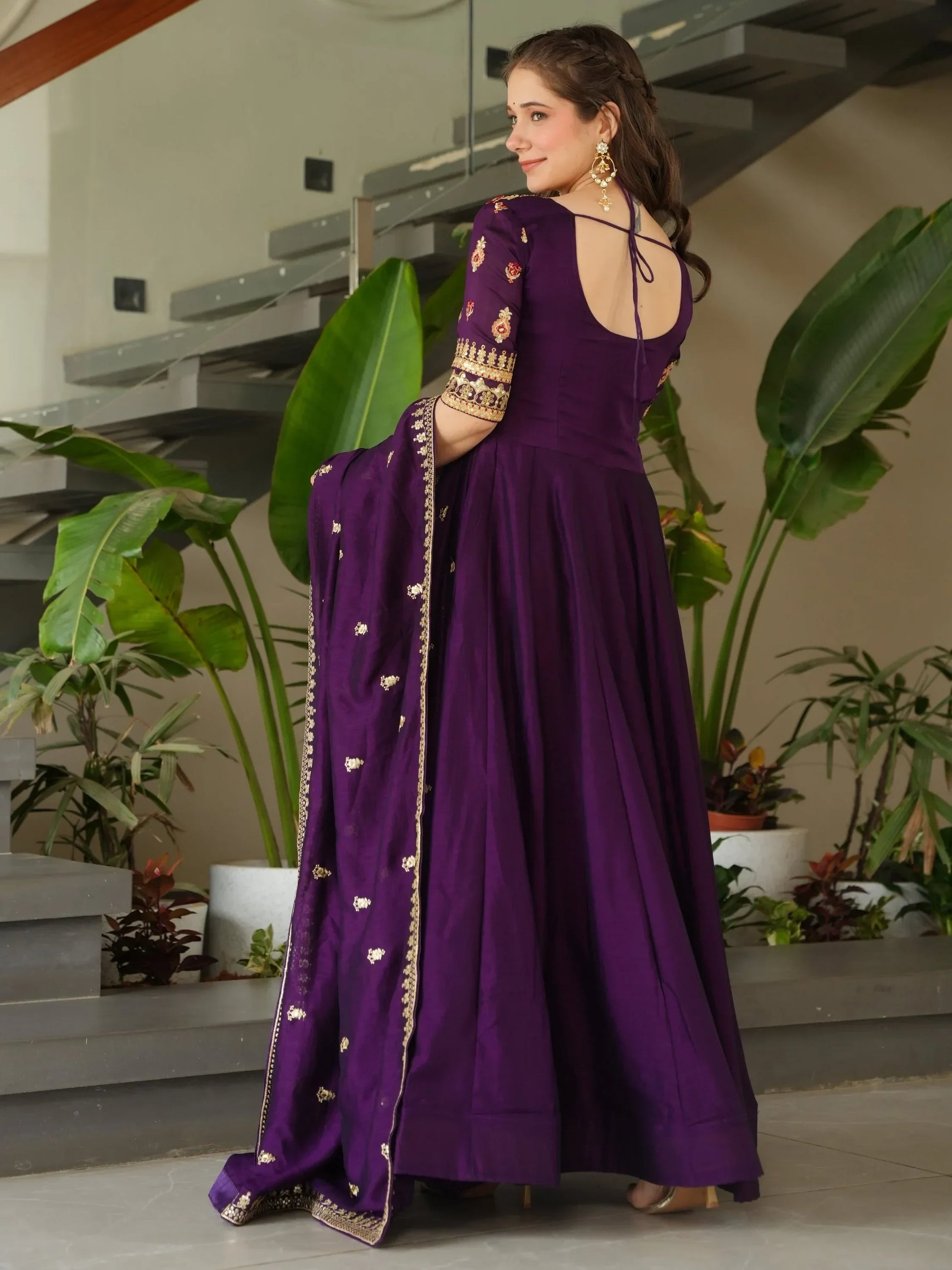 Great Purple Sequins Vichitra Silk Wedding Wear Gown With Dupatta - Zeel Clothing