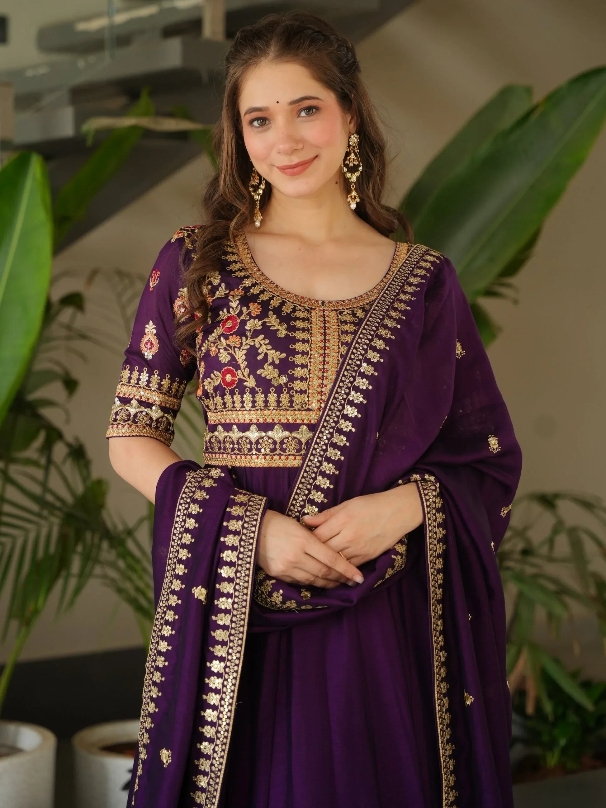 Great Purple Sequins Vichitra Silk Wedding Wear Gown With Dupatta - Zeel Clothing