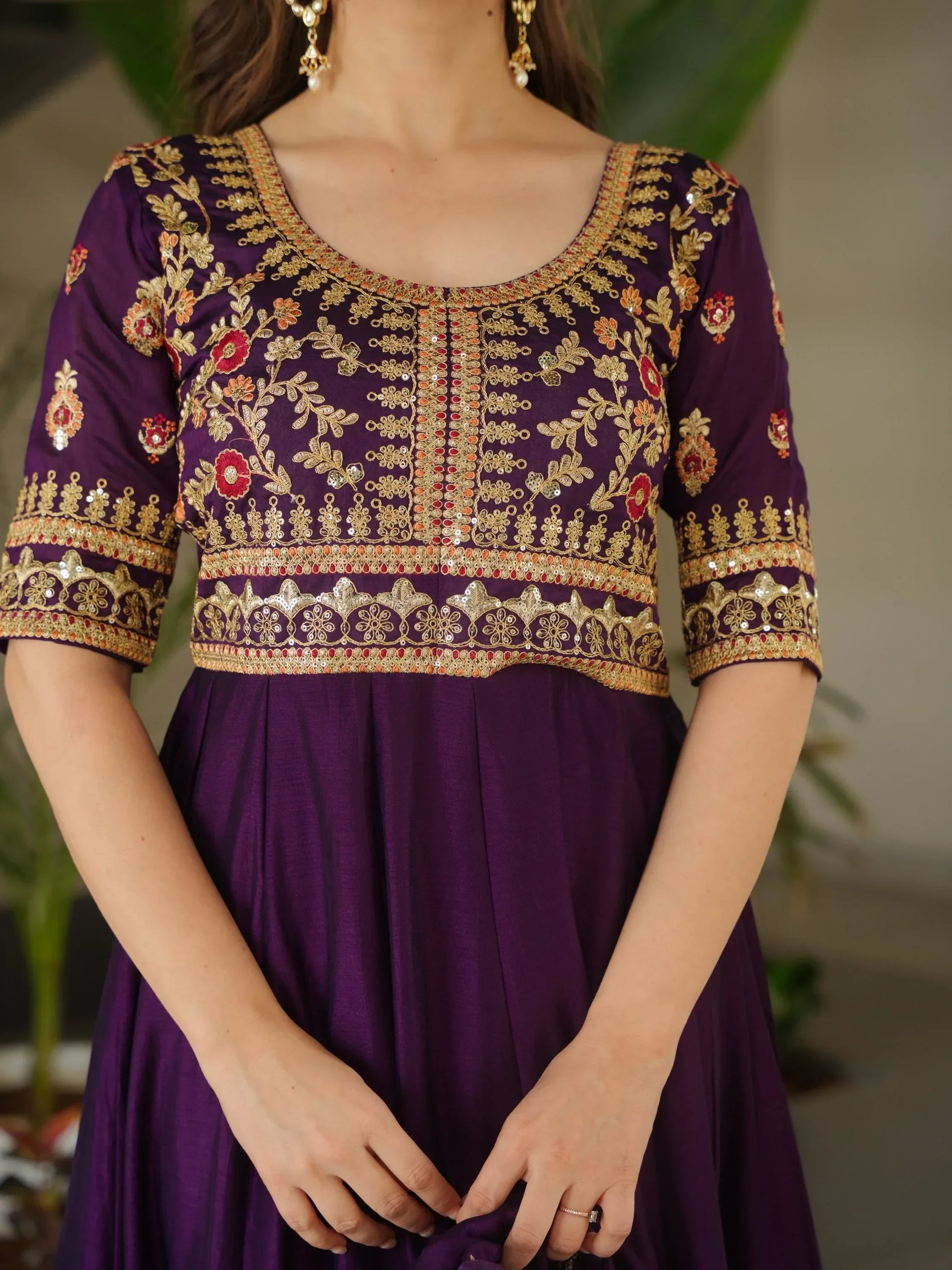 Great Purple Sequins Vichitra Silk Wedding Wear Gown With Dupatta - Zeel Clothing
