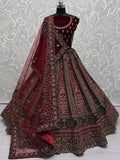 Great Red Thread Work Velvet Bridal Lehenga Choli With Double Dupatta - Zeel Clothing