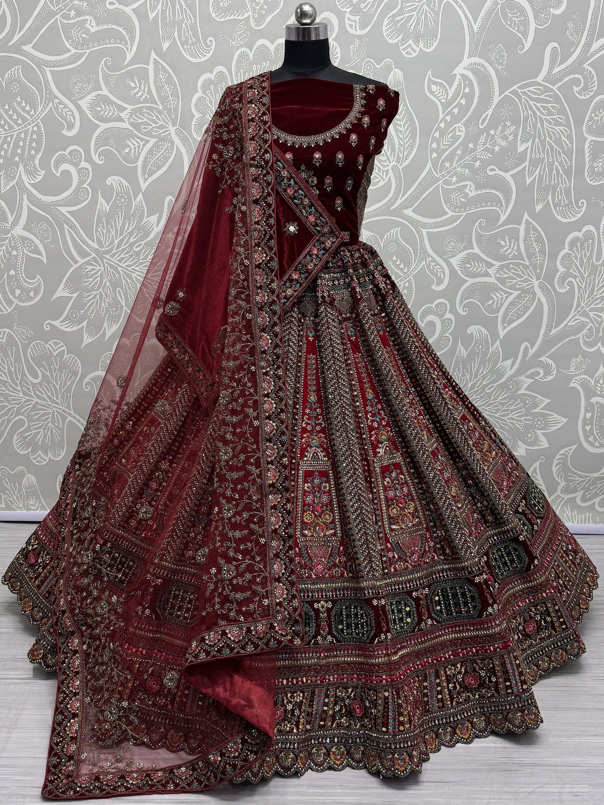 Great Red Thread Work Velvet Bridal Lehenga Choli With Double Dupatta - Zeel Clothing