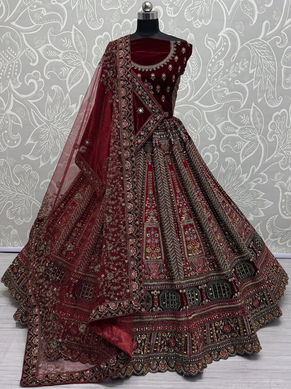 Great Red Thread Work Velvet Bridal Lehenga Choli With Double Dupatta - Zeel Clothing