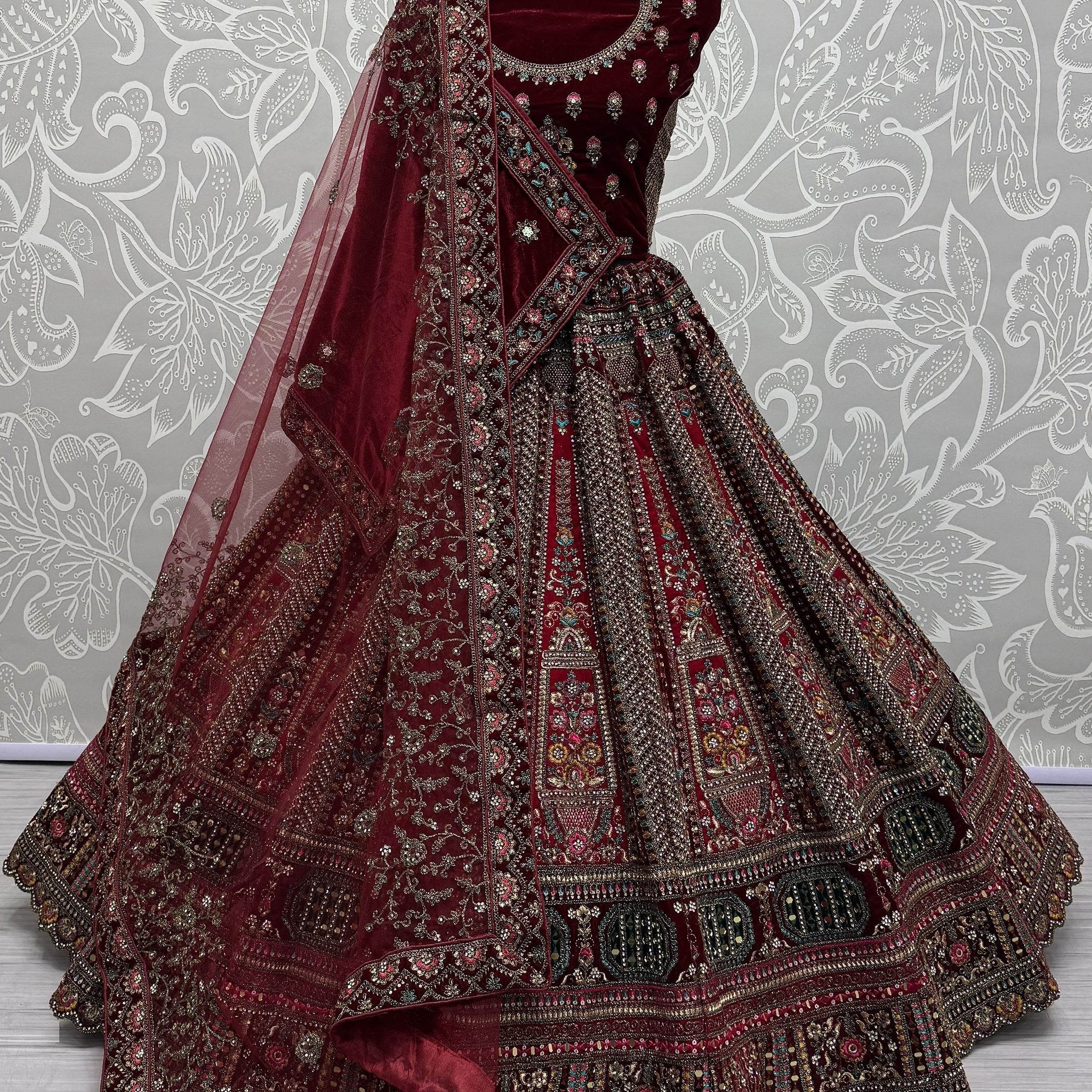 Great Red Thread Work Velvet Bridal Lehenga Choli With Double Dupatta - Zeel Clothing