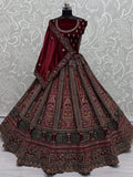 Great Red Thread Work Velvet Bridal Lehenga Choli With Double Dupatta - Zeel Clothing