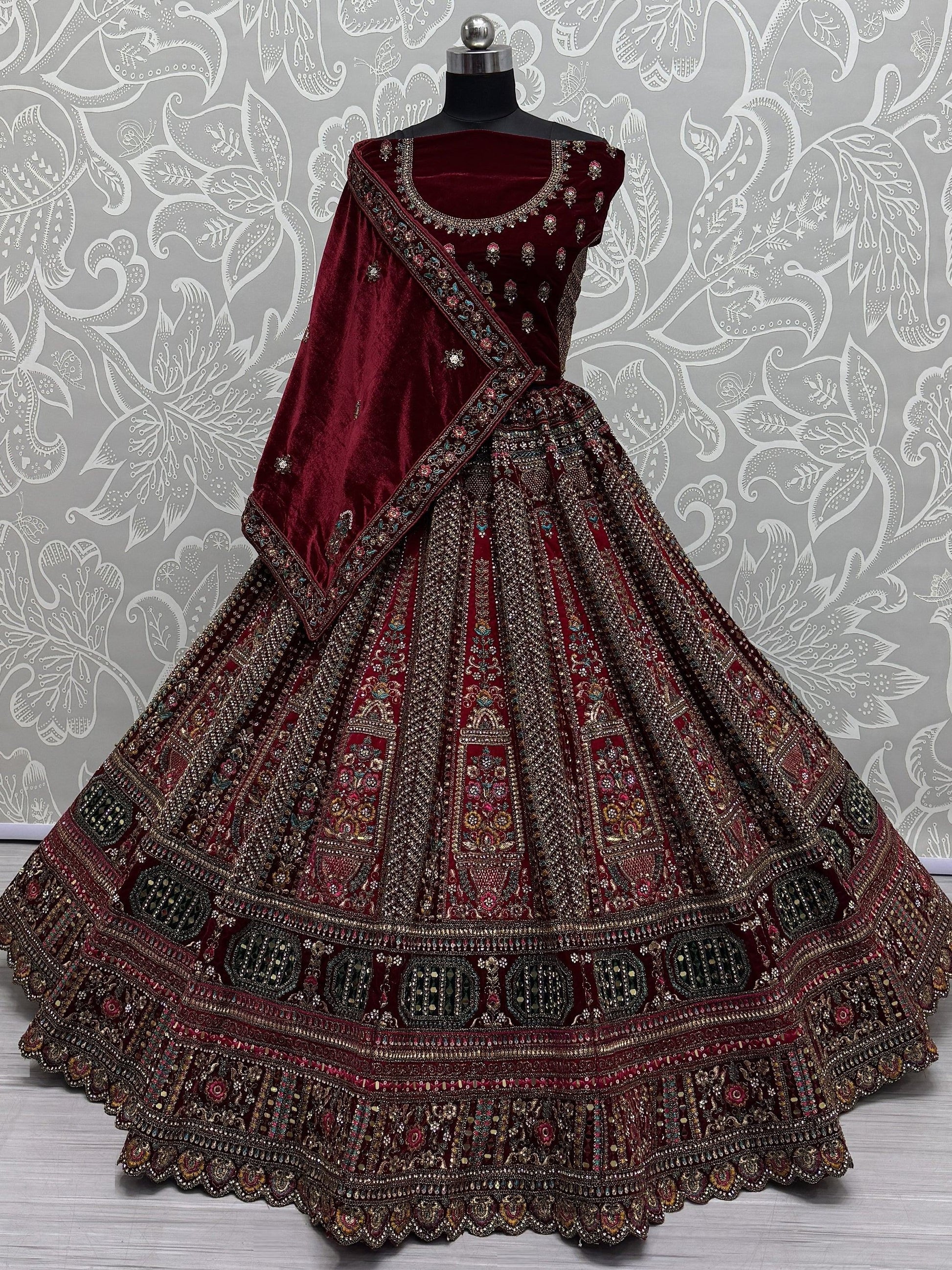 Great Red Thread Work Velvet Bridal Lehenga Choli With Double Dupatta - Zeel Clothing