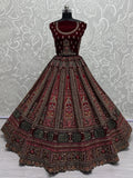 Great Red Thread Work Velvet Bridal Lehenga Choli With Double Dupatta - Zeel Clothing