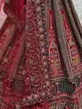Great Red Thread Work Velvet Bridal Lehenga Choli With Double Dupatta - Zeel Clothing