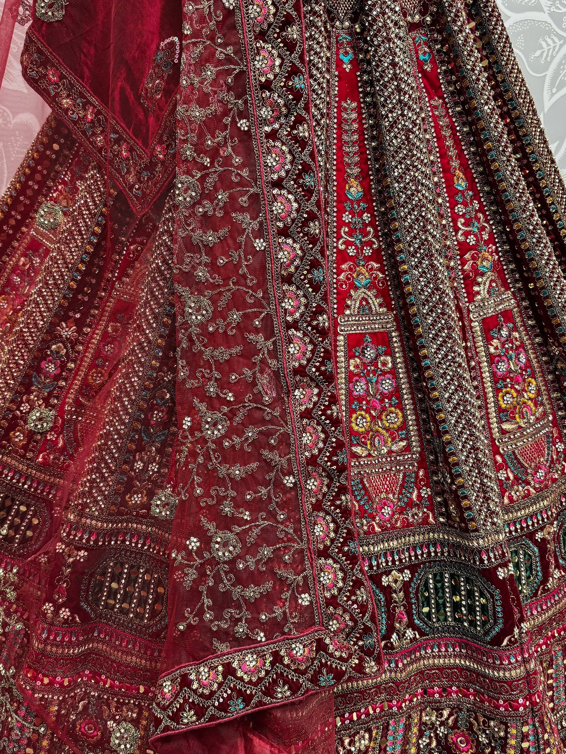 Great Red Thread Work Velvet Bridal Lehenga Choli With Double Dupatta - Zeel Clothing