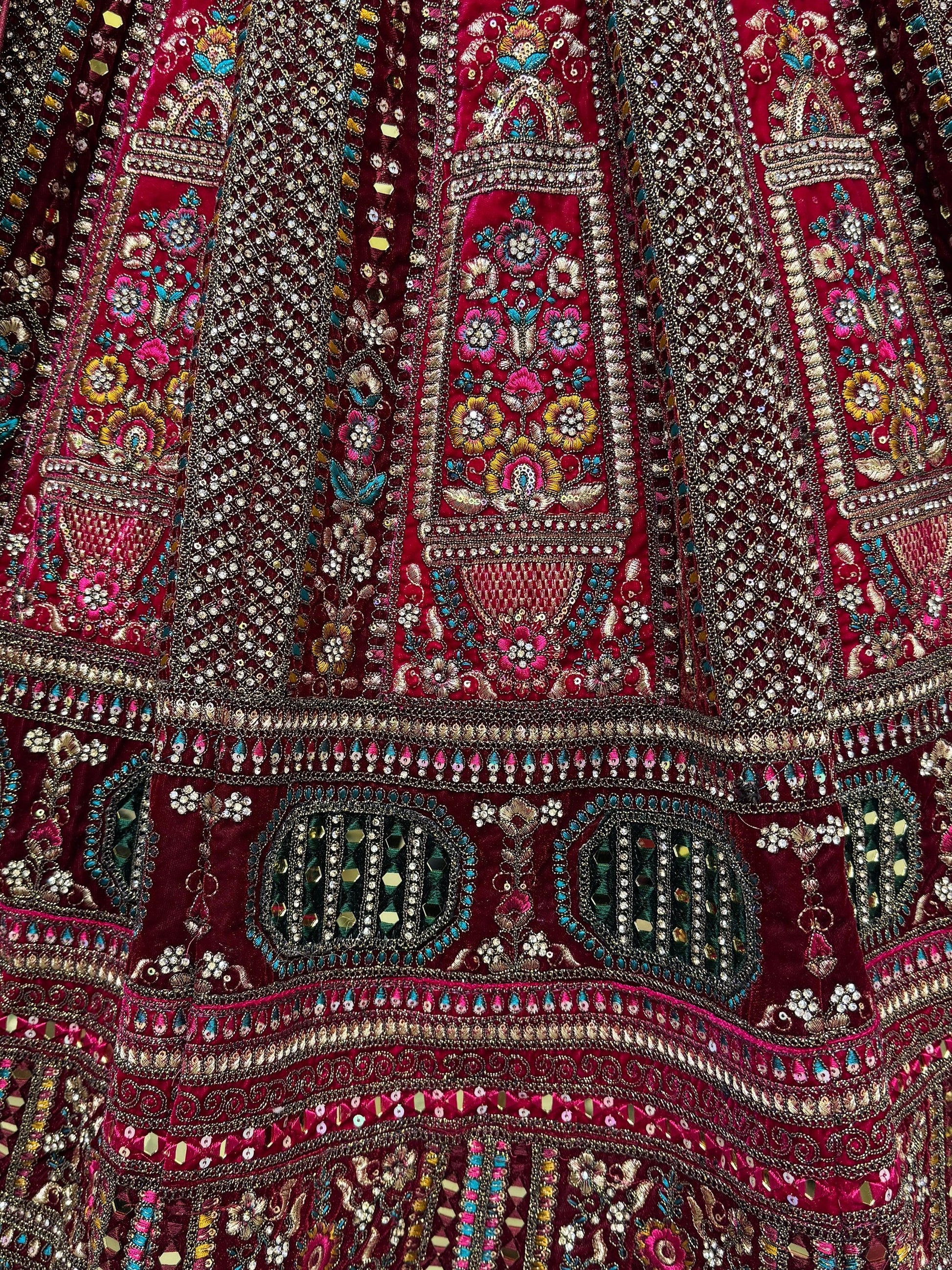 Great Red Thread Work Velvet Bridal Lehenga Choli With Double Dupatta - Zeel Clothing