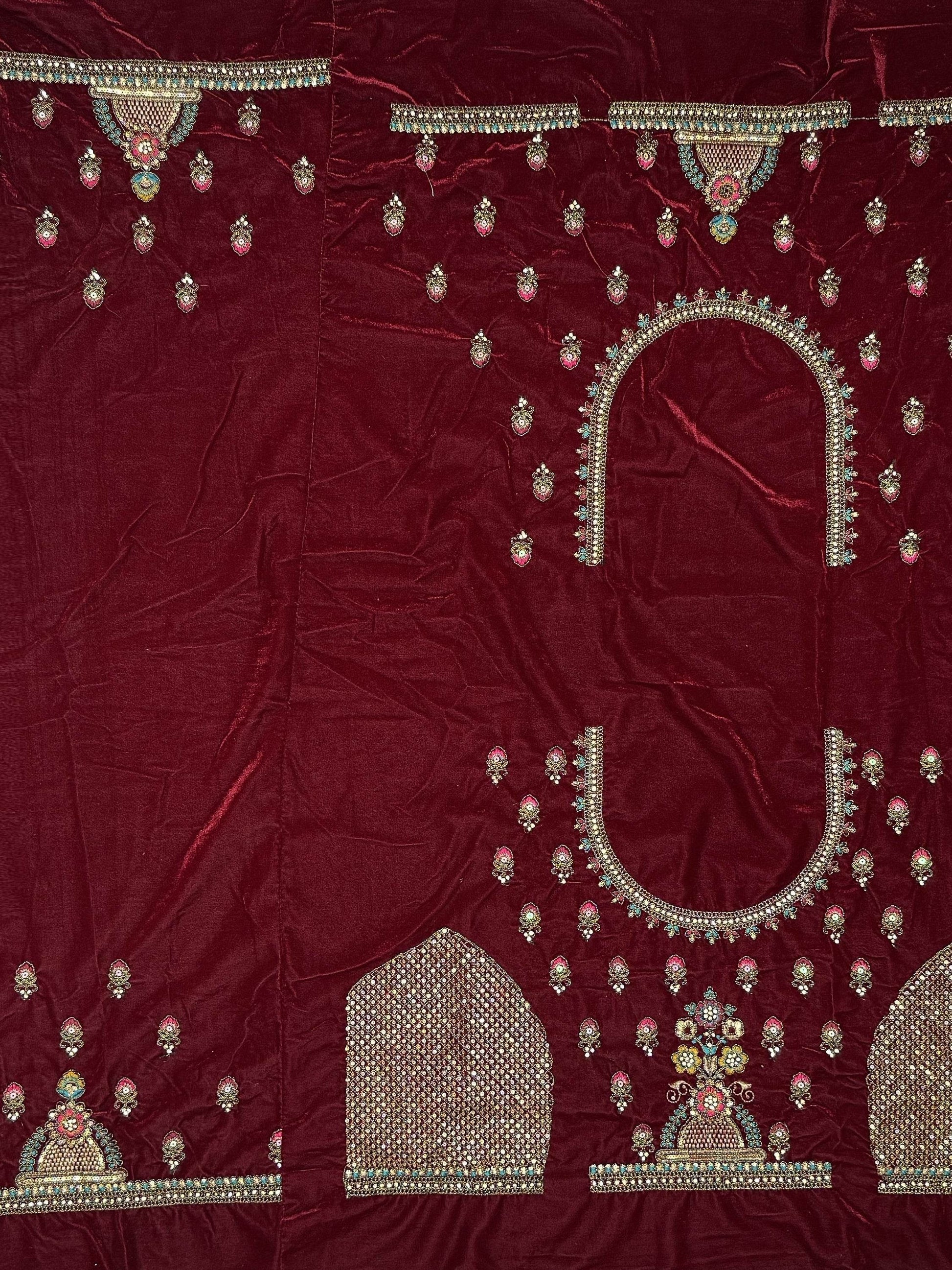 Great Red Thread Work Velvet Bridal Lehenga Choli With Double Dupatta - Zeel Clothing