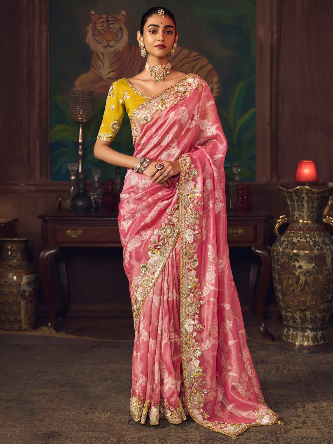 Great Rose Pink Heavy Border Work Silk Bridesmaid Saree With Blouse