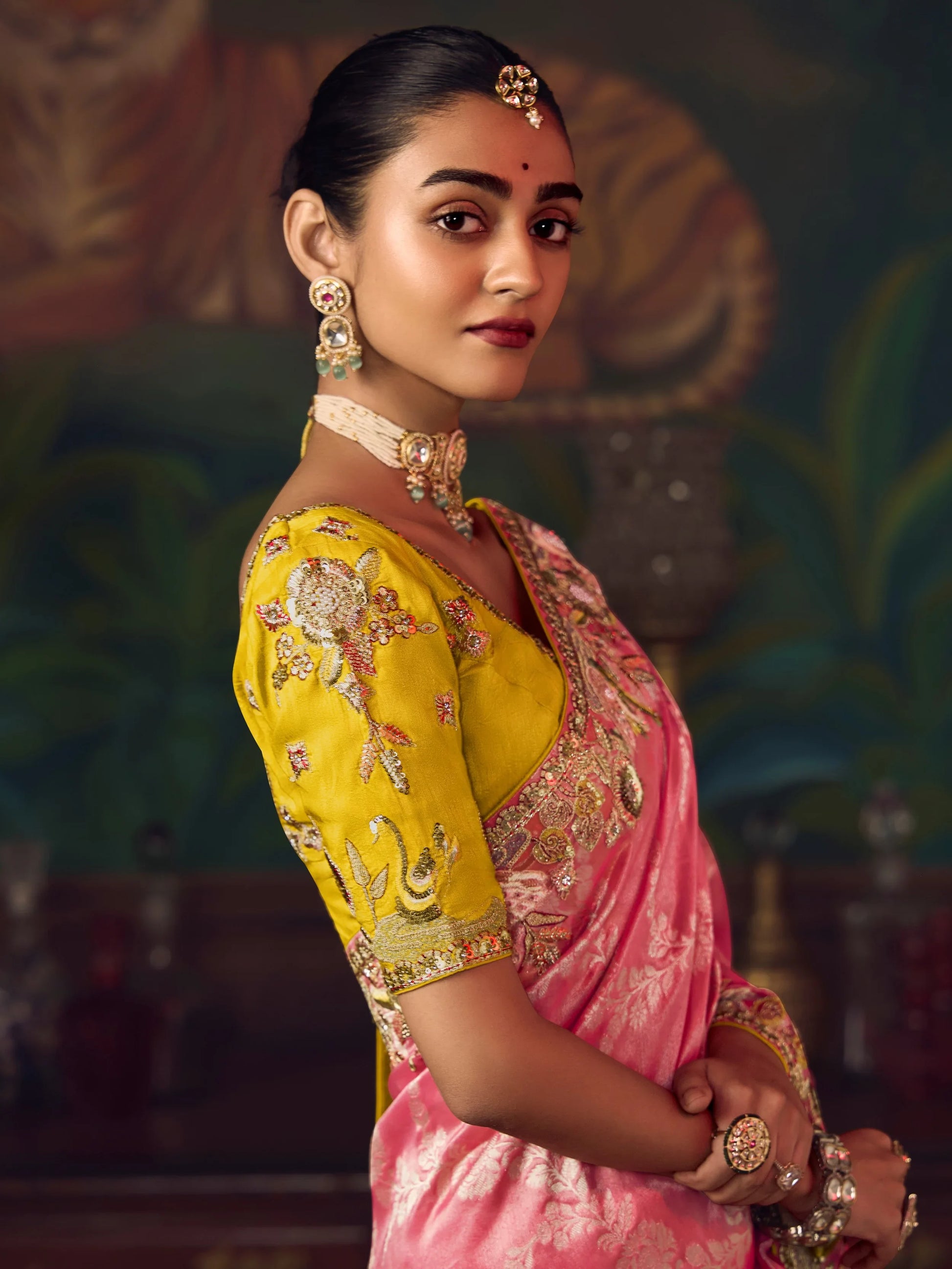 Great Rose Pink Heavy Border Work Silk Bridesmaid Saree With Blouse