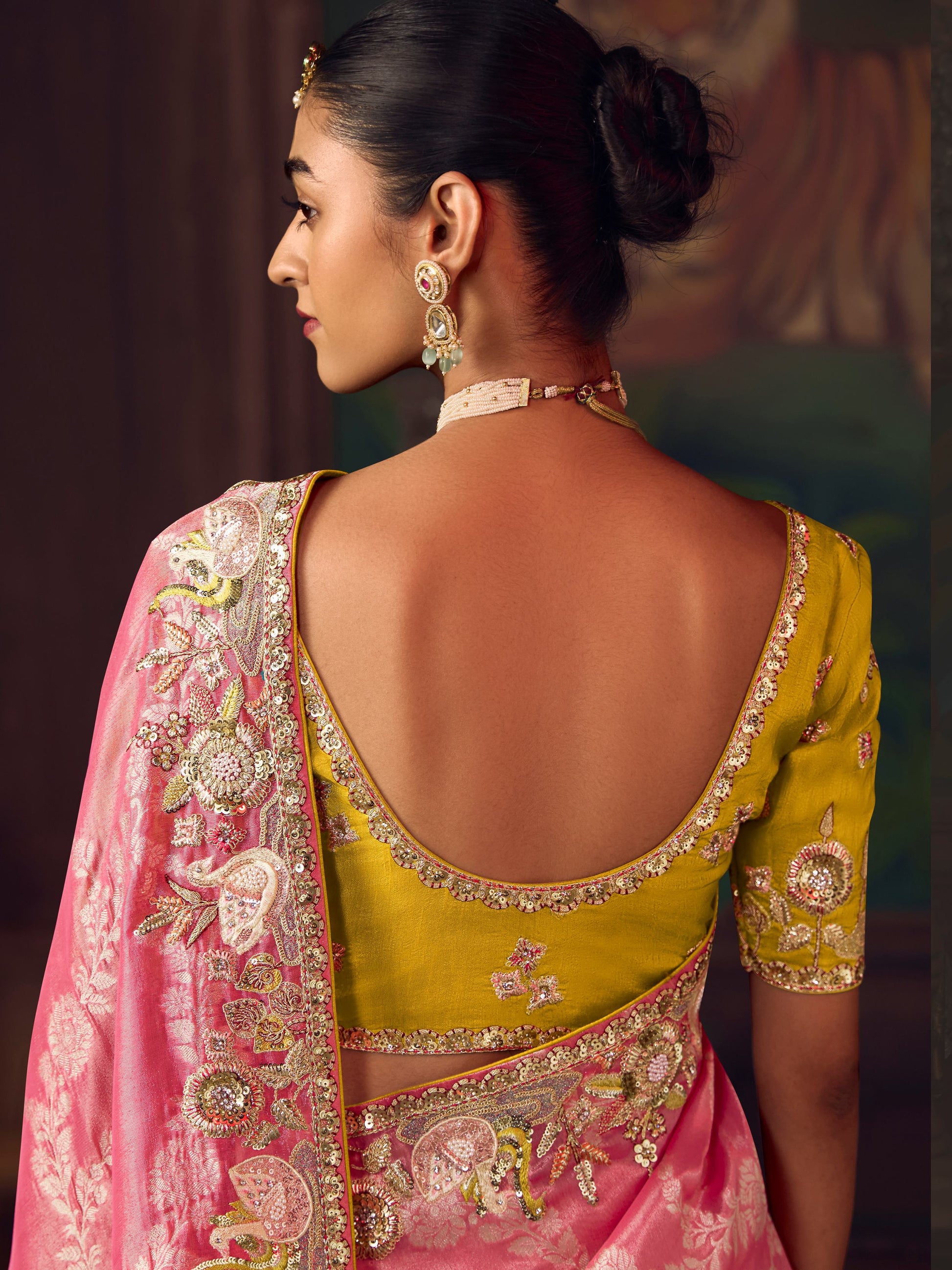 Great Rose Pink Heavy Border Work Silk Bridesmaid Saree With Blouse