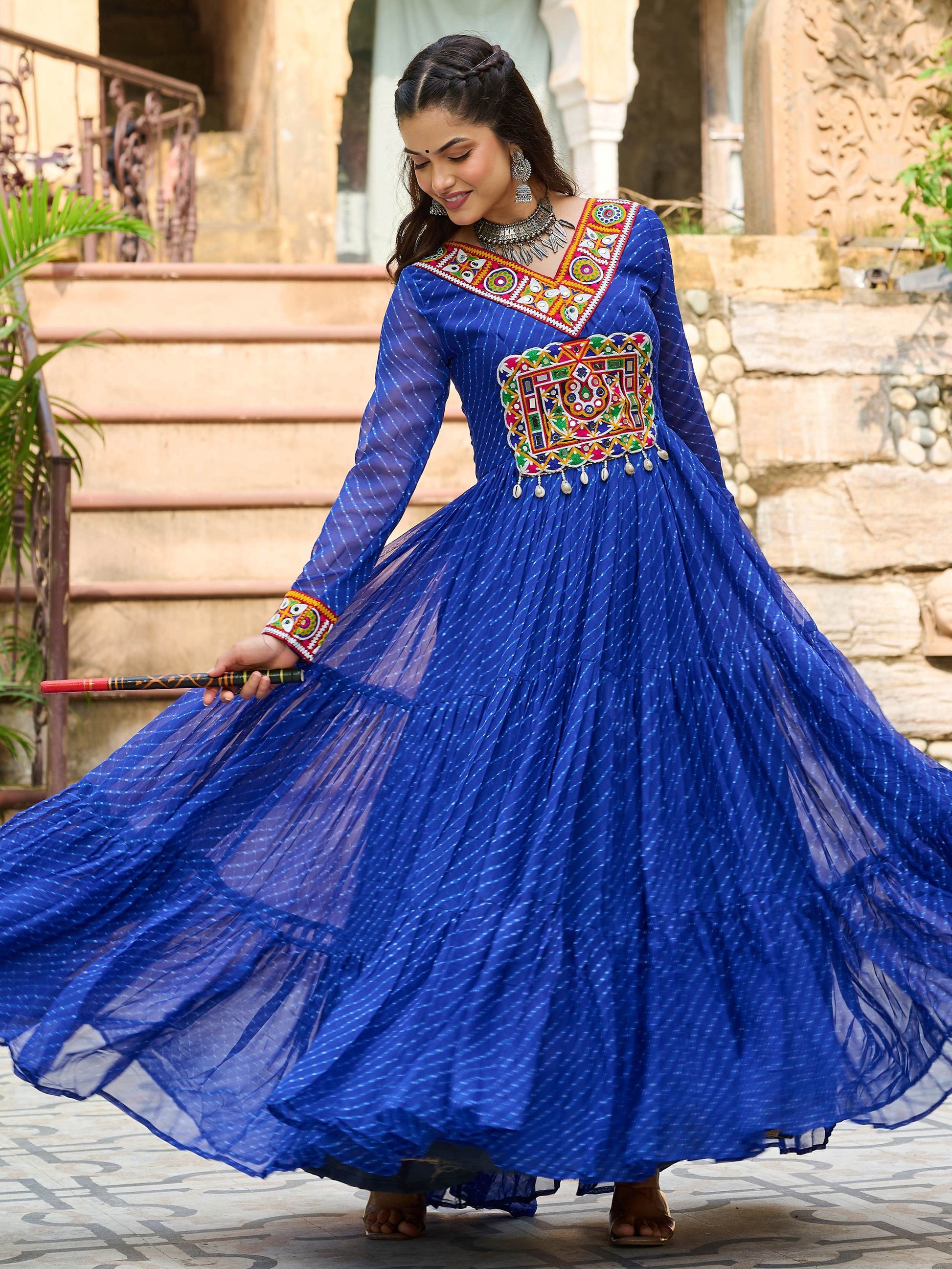 Great Royal Blue Laheriya Printed Georgette Festive Wear Gown - Zeel Clothing