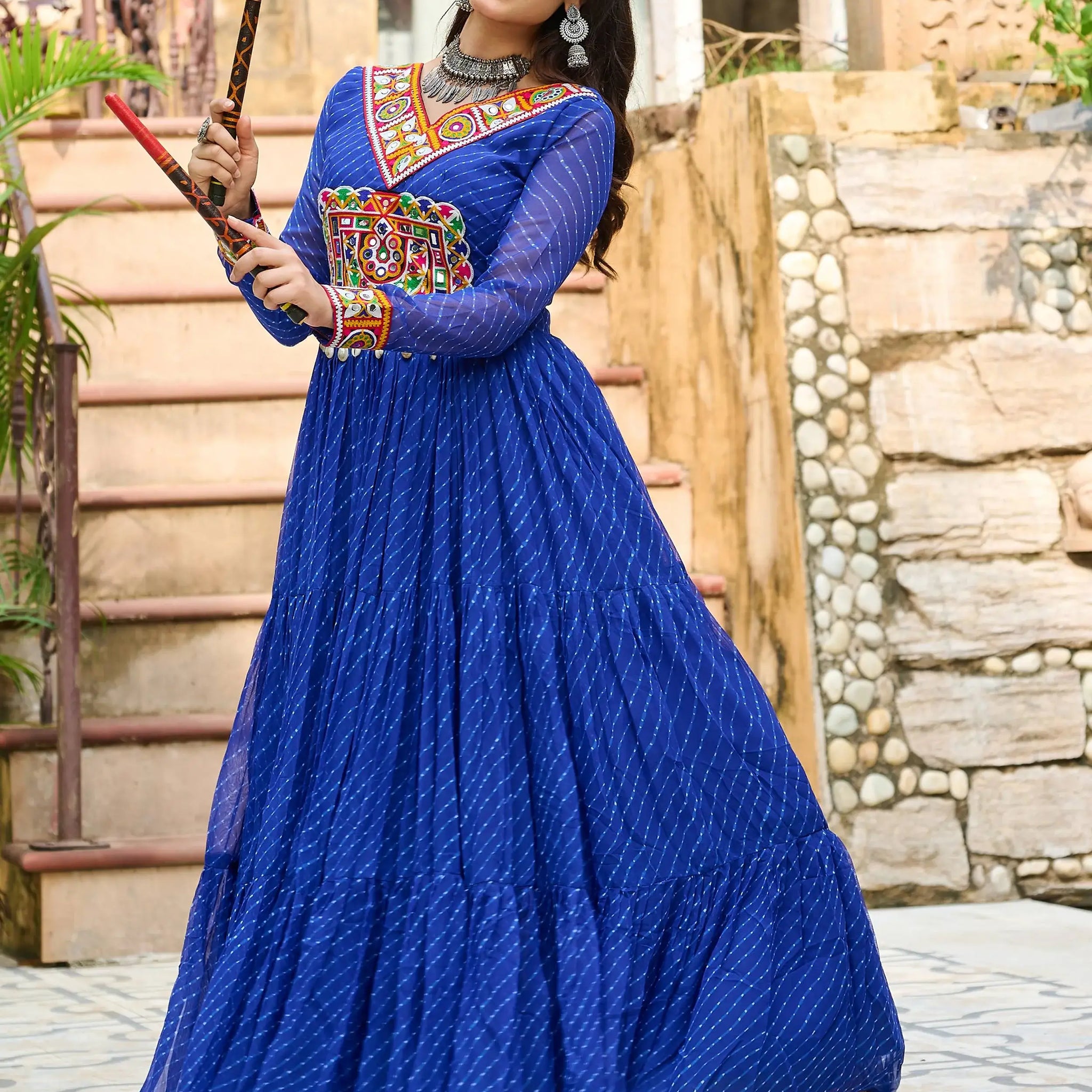 Great Royal Blue Laheriya Printed Georgette Festive Wear Gown - Zeel Clothing